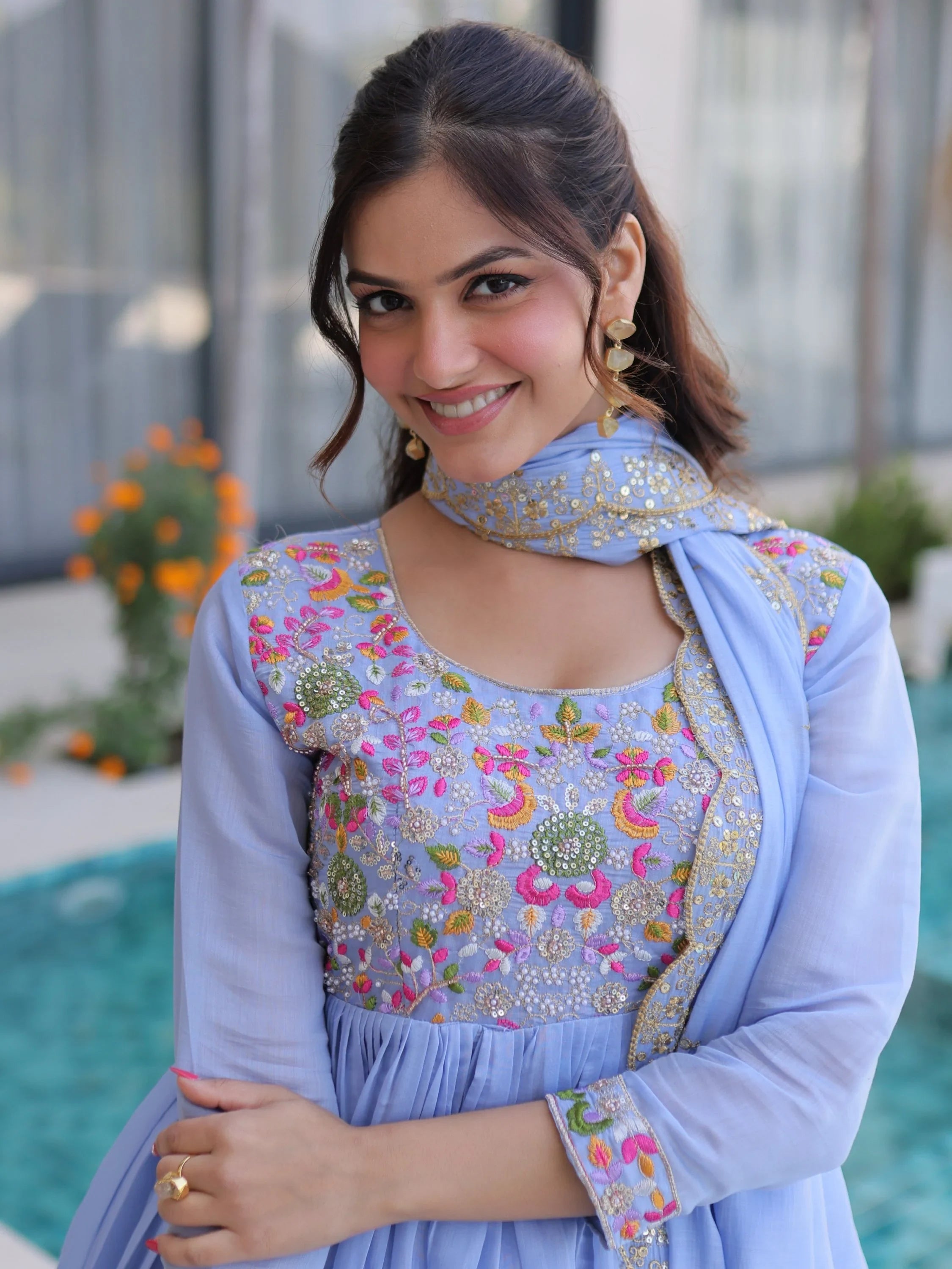 Sky Blue Charming Bead Work Chanderi Event Wear Anarkali Pant Suit
