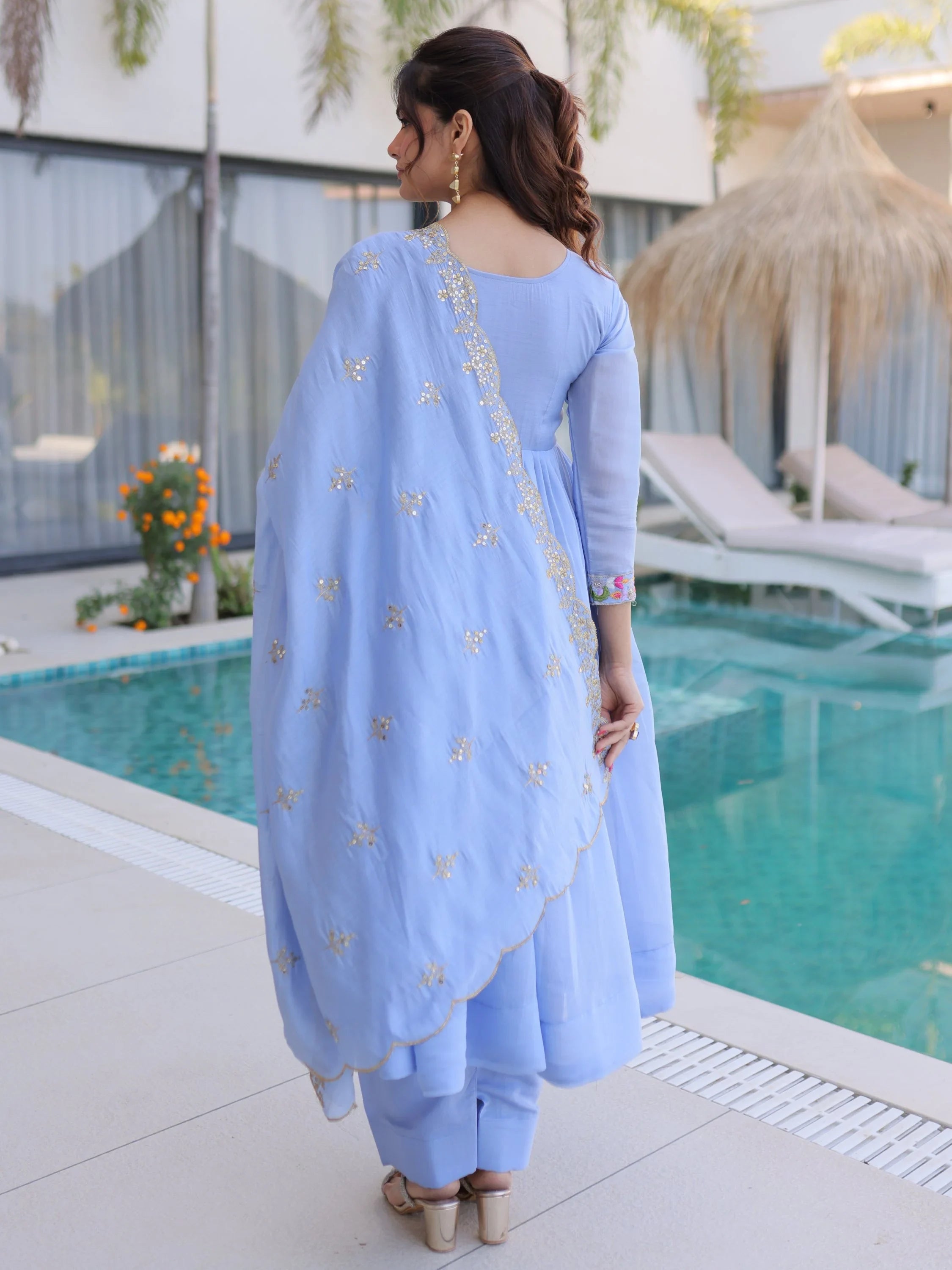 Sky Blue Charming Bead Work Chanderi Event Wear Anarkali Pant Suit