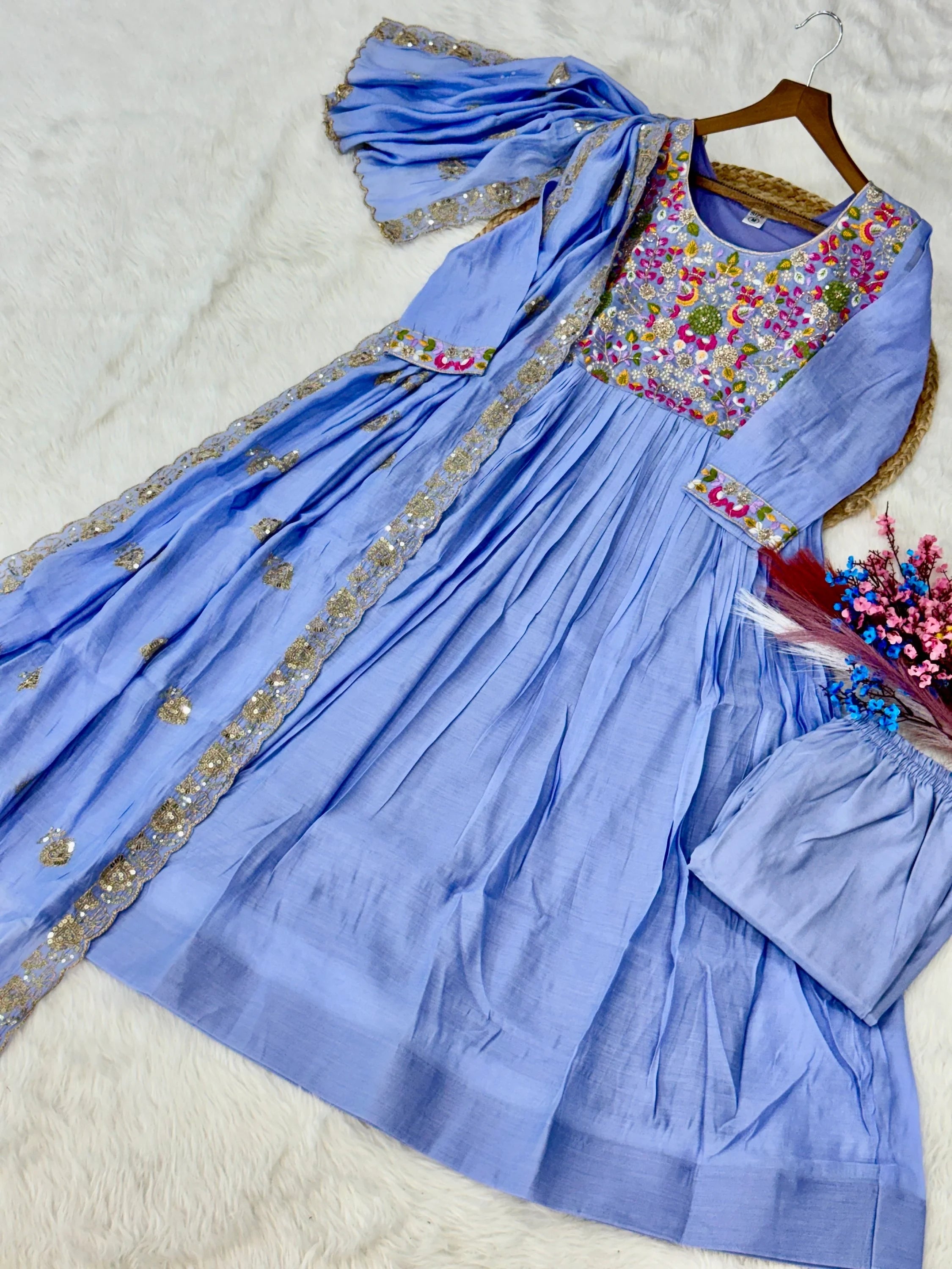 Sky Blue Charming Bead Work Chanderi Event Wear Anarkali Pant Suit