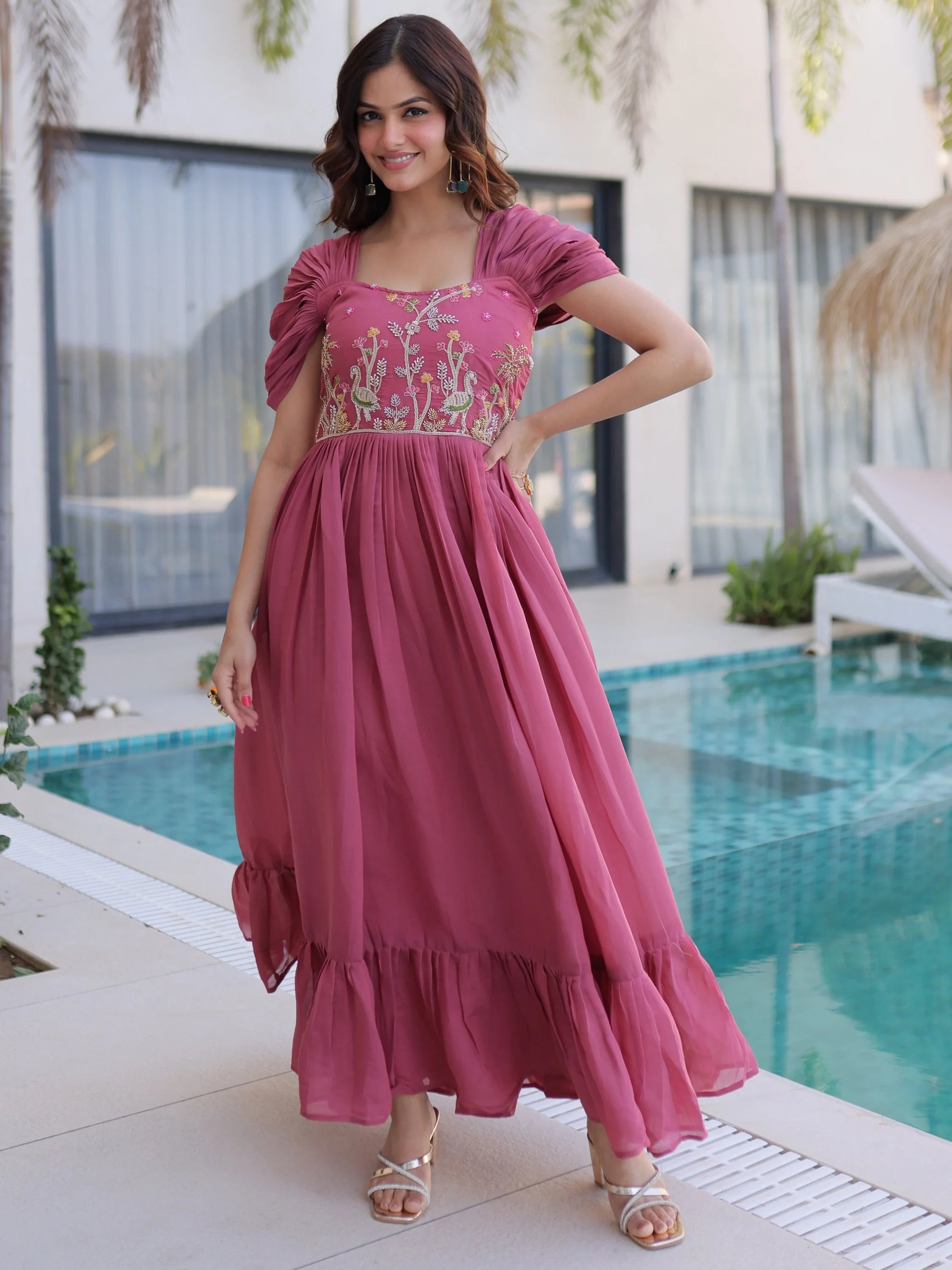 Rose Notable Bead Work Chanderi Festive Wear Dress