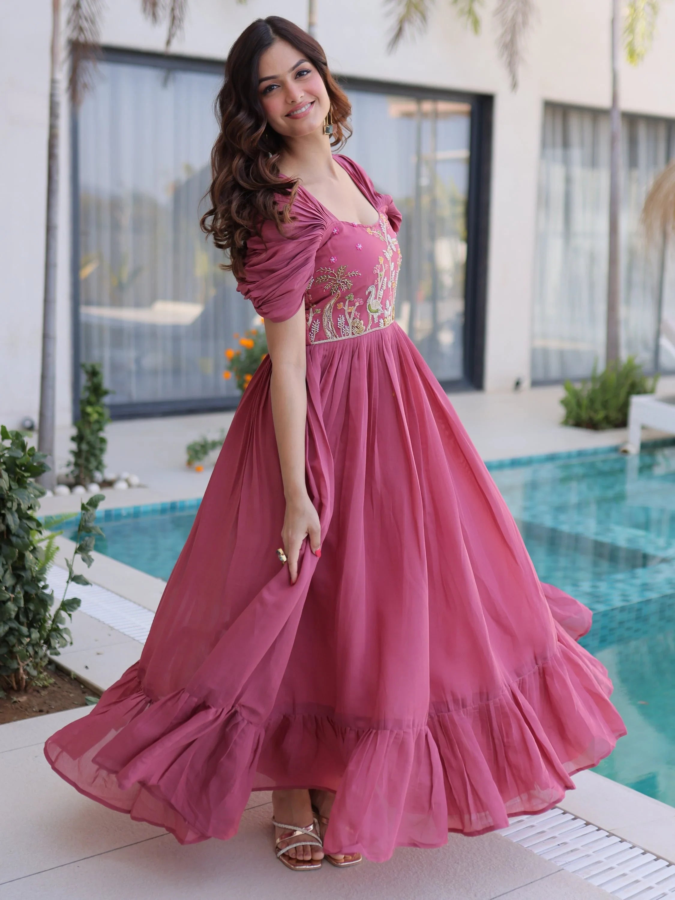 Rose Notable Bead Work Chanderi Festive Wear Dress