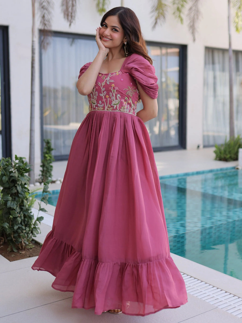 Rose Notable Bead Work Chanderi Festive Wear Dress