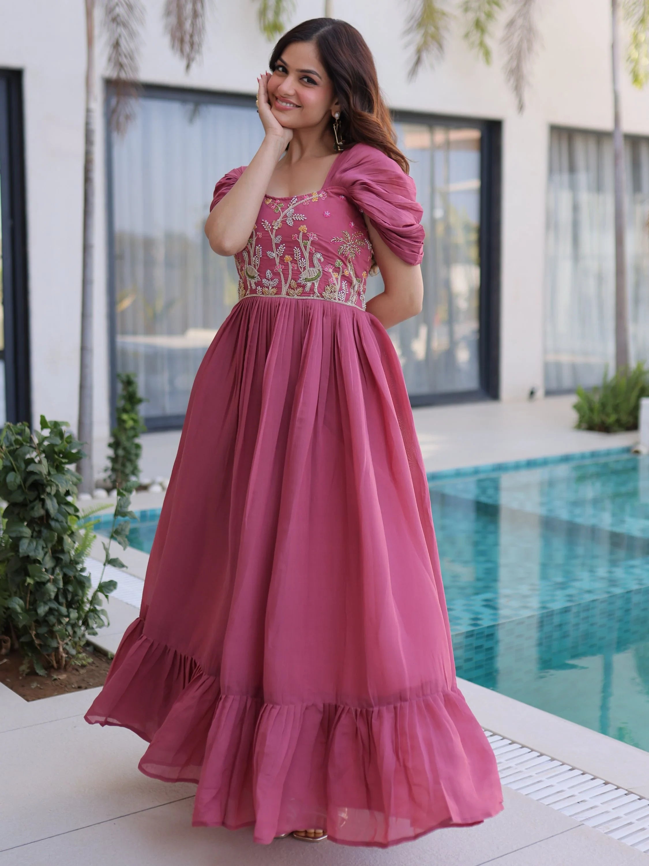 Rose Notable Bead Work Chanderi Festive Wear Dress