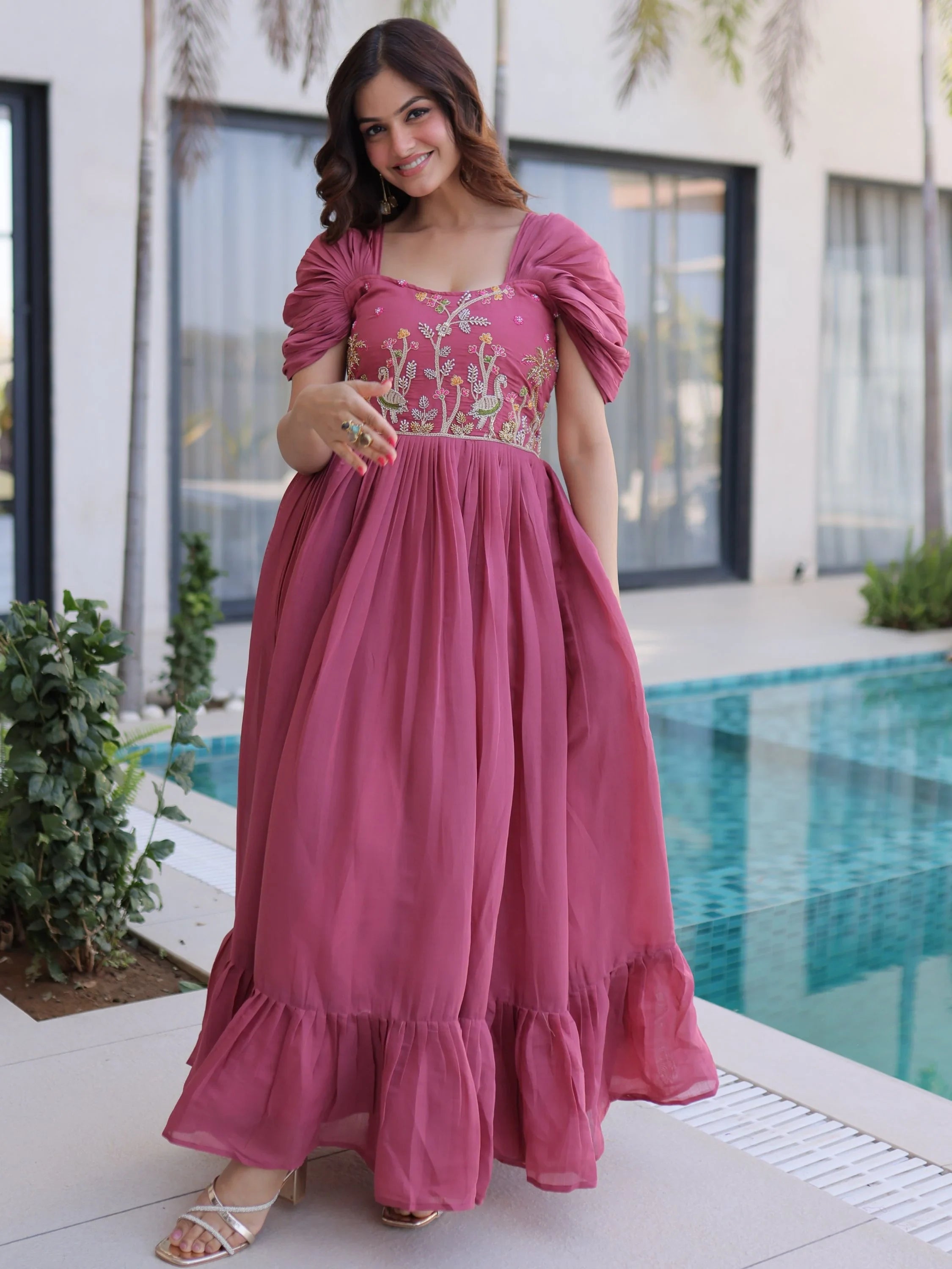 Rose Notable Bead Work Chanderi Festive Wear Dress