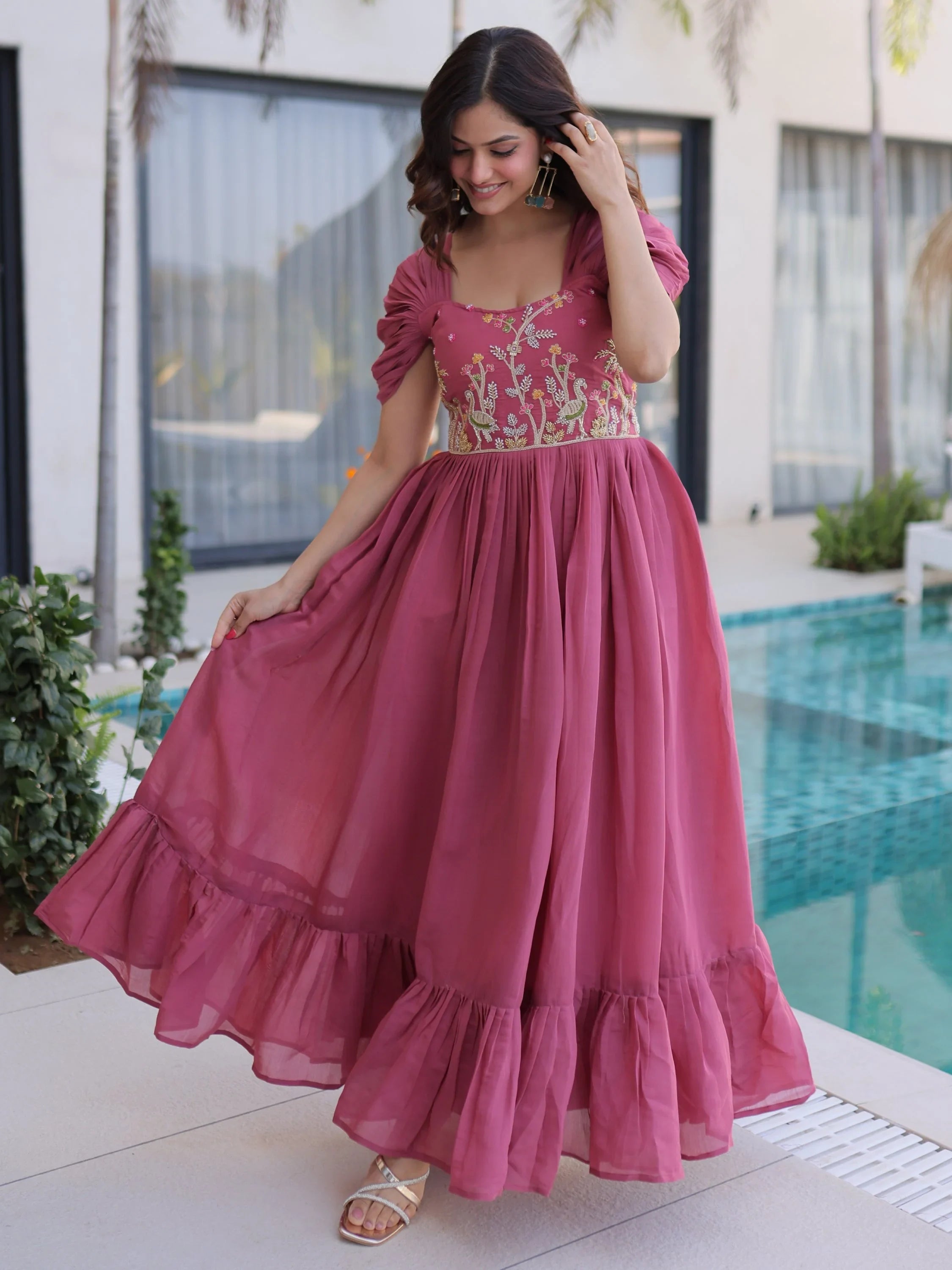 Rose Notable Bead Work Chanderi Festive Wear Dress