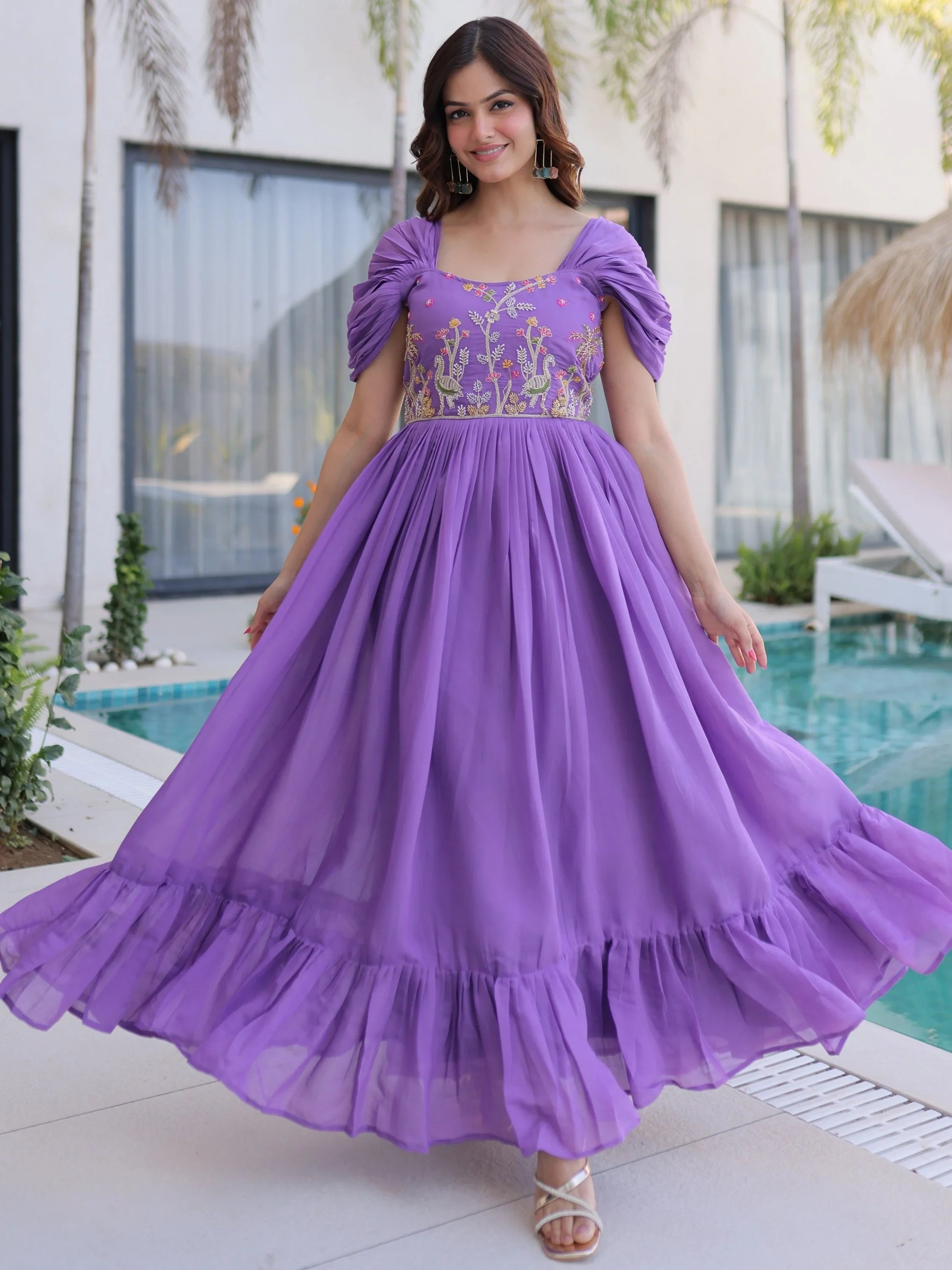 Purple Notable Bead Work Chanderi Festive Wear Dress