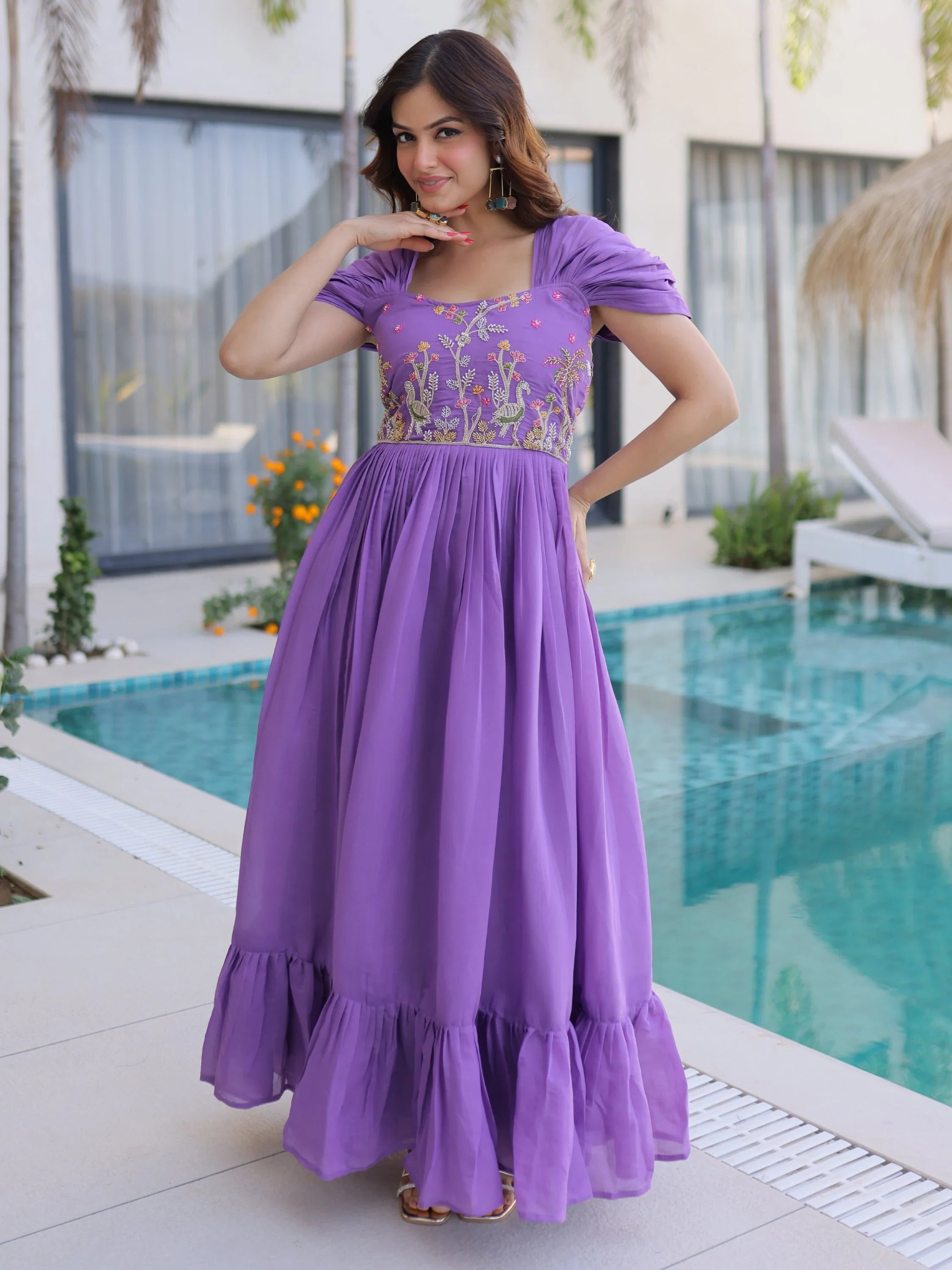 Purple Notable Bead Work Chanderi Festive Wear Dress