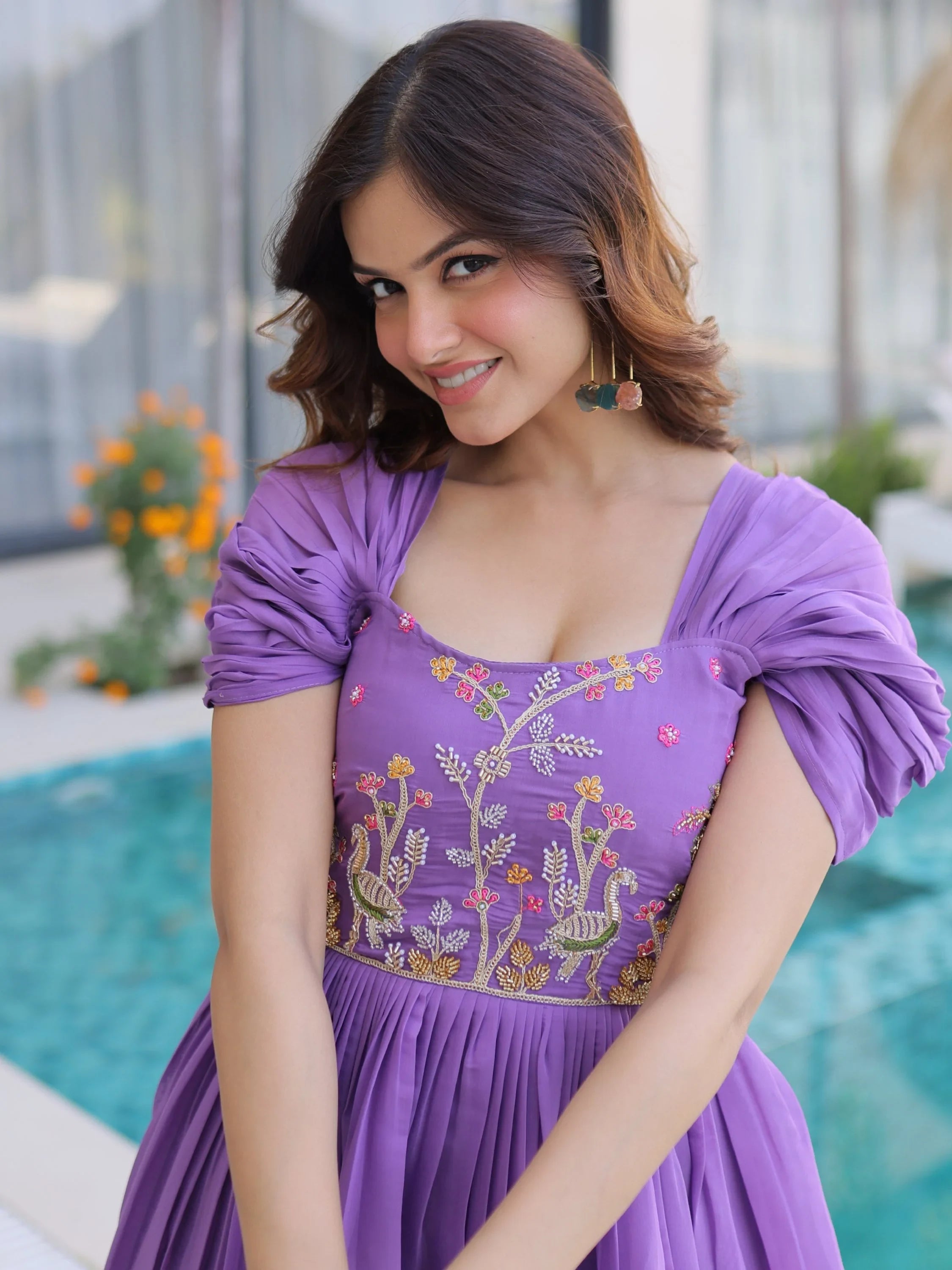 Purple Notable Bead Work Chanderi Festive Wear Dress