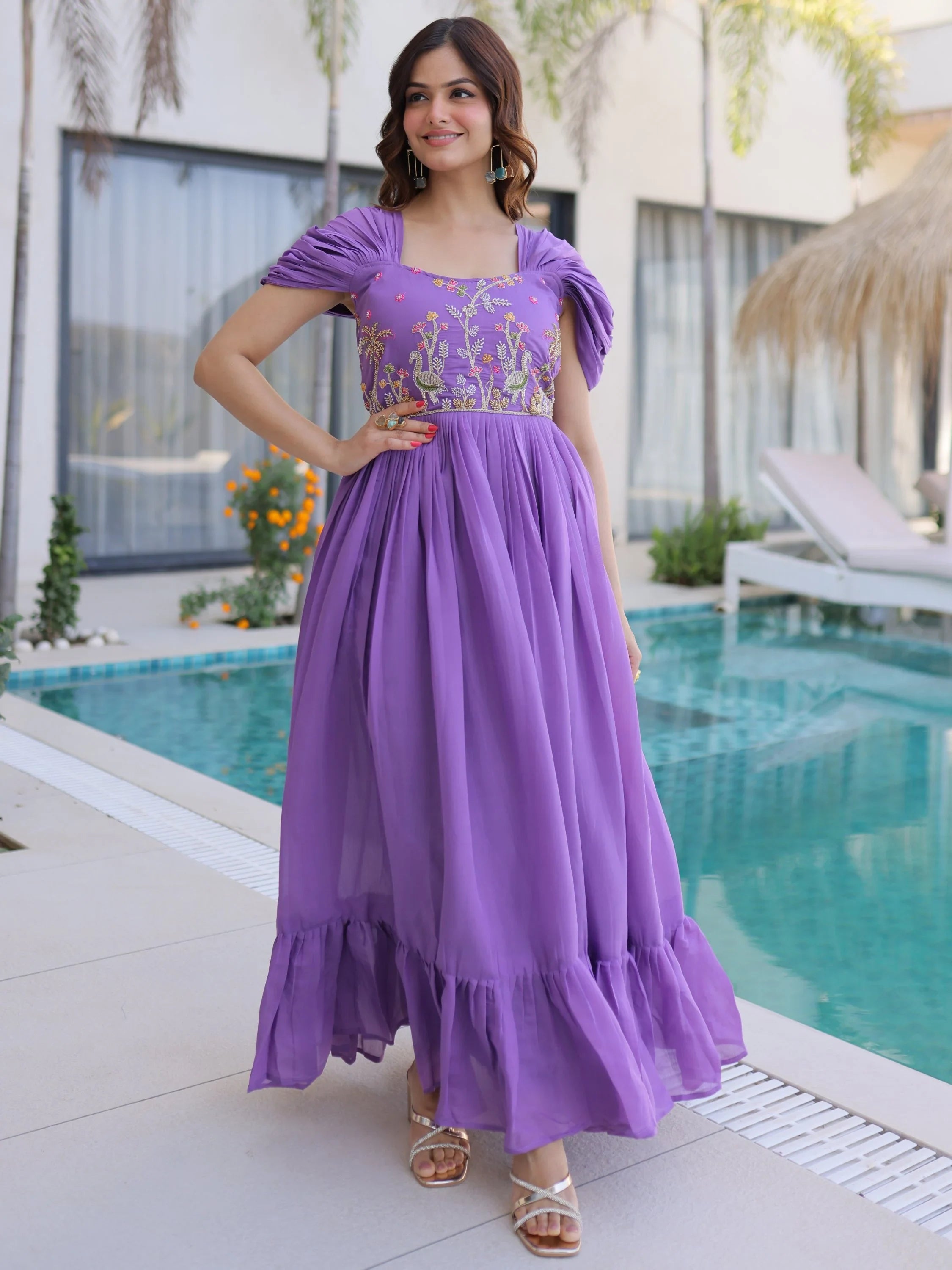 Purple Notable Bead Work Chanderi Festive Wear Dress