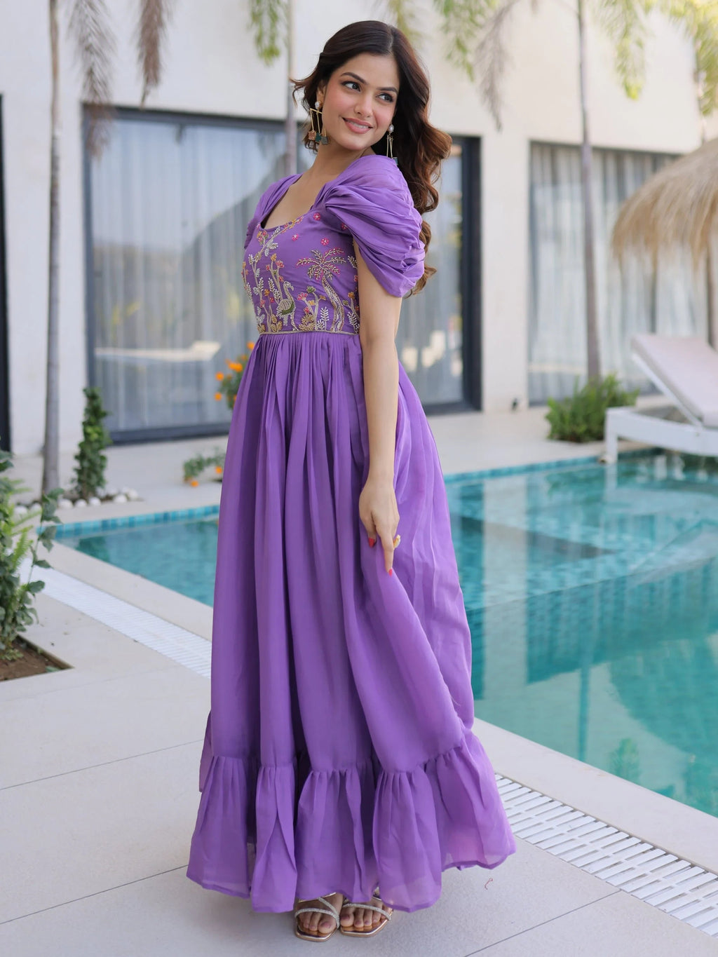 Purple Notable Bead Work Chanderi Festive Wear Dress