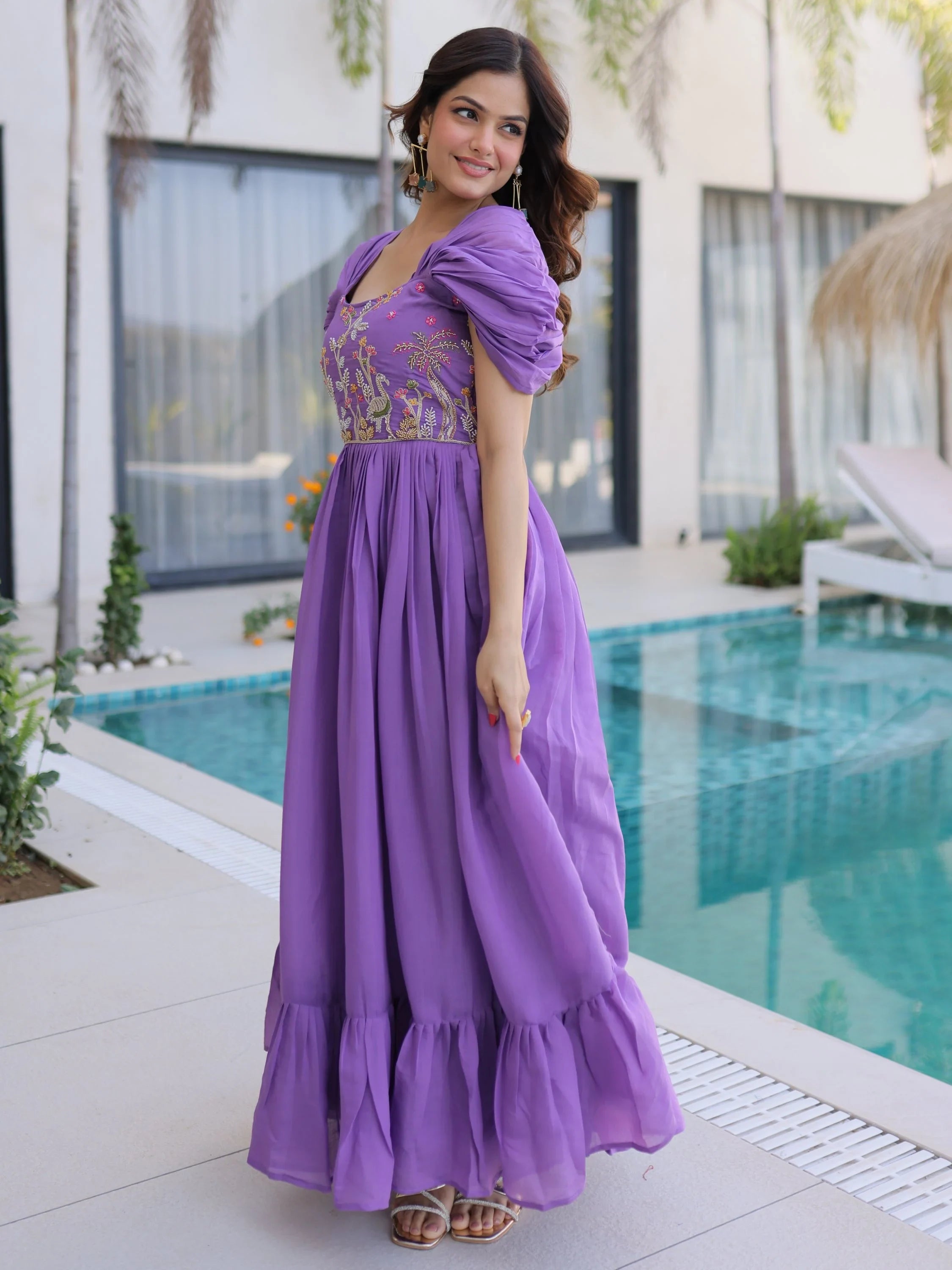 Purple Notable Bead Work Chanderi Festive Wear Dress
