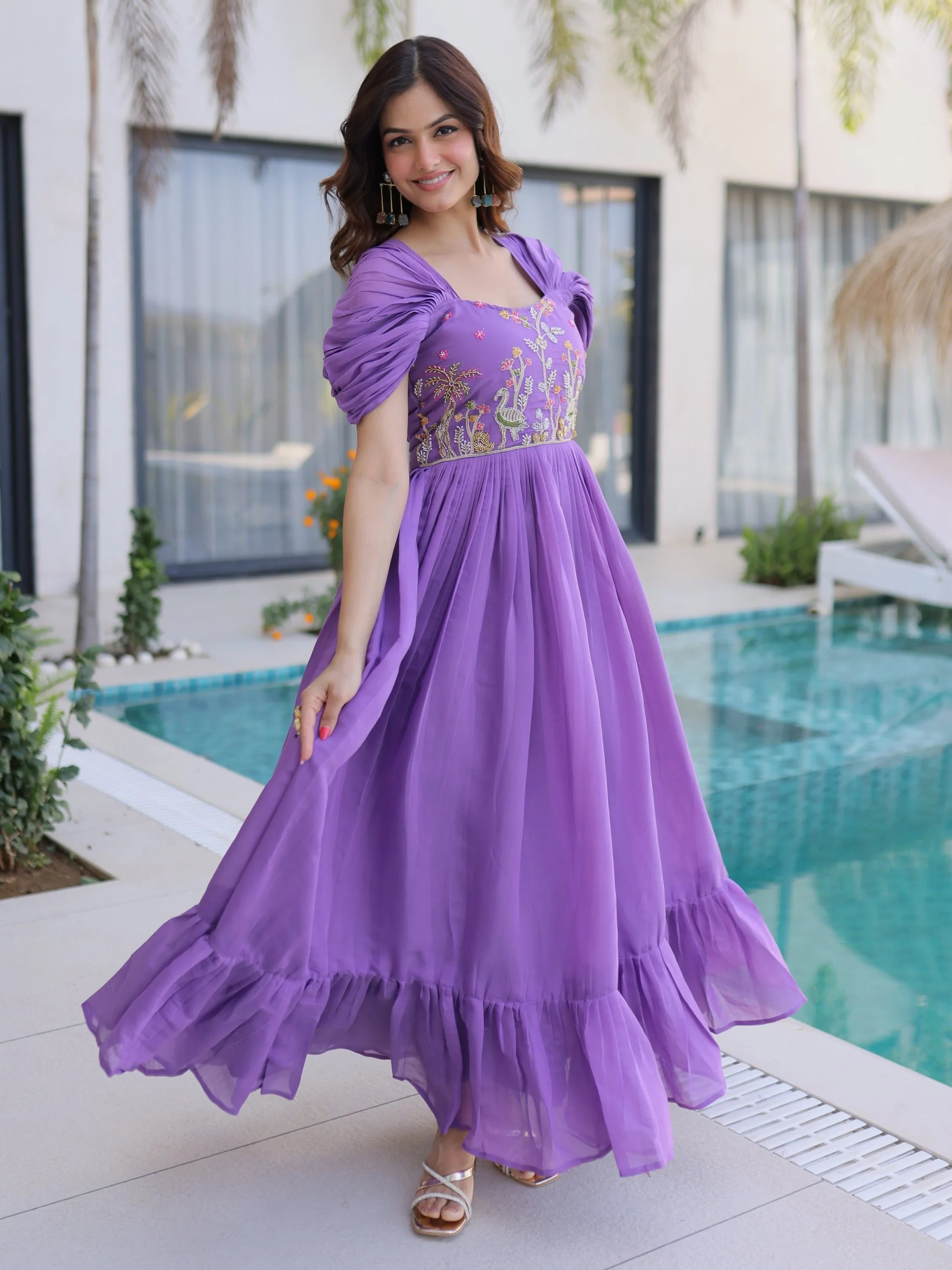 Purple Notable Bead Work Chanderi Festive Wear Dress