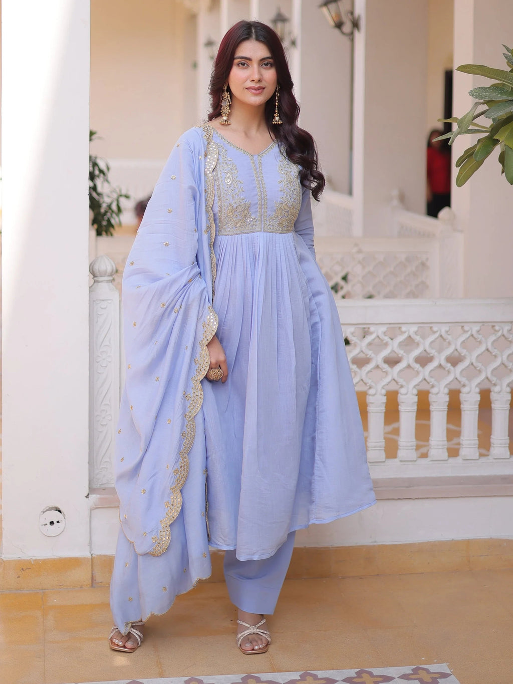 Sky Blue Awesome Bead Embroidered Chanderi Event Wear Salwar Kameez