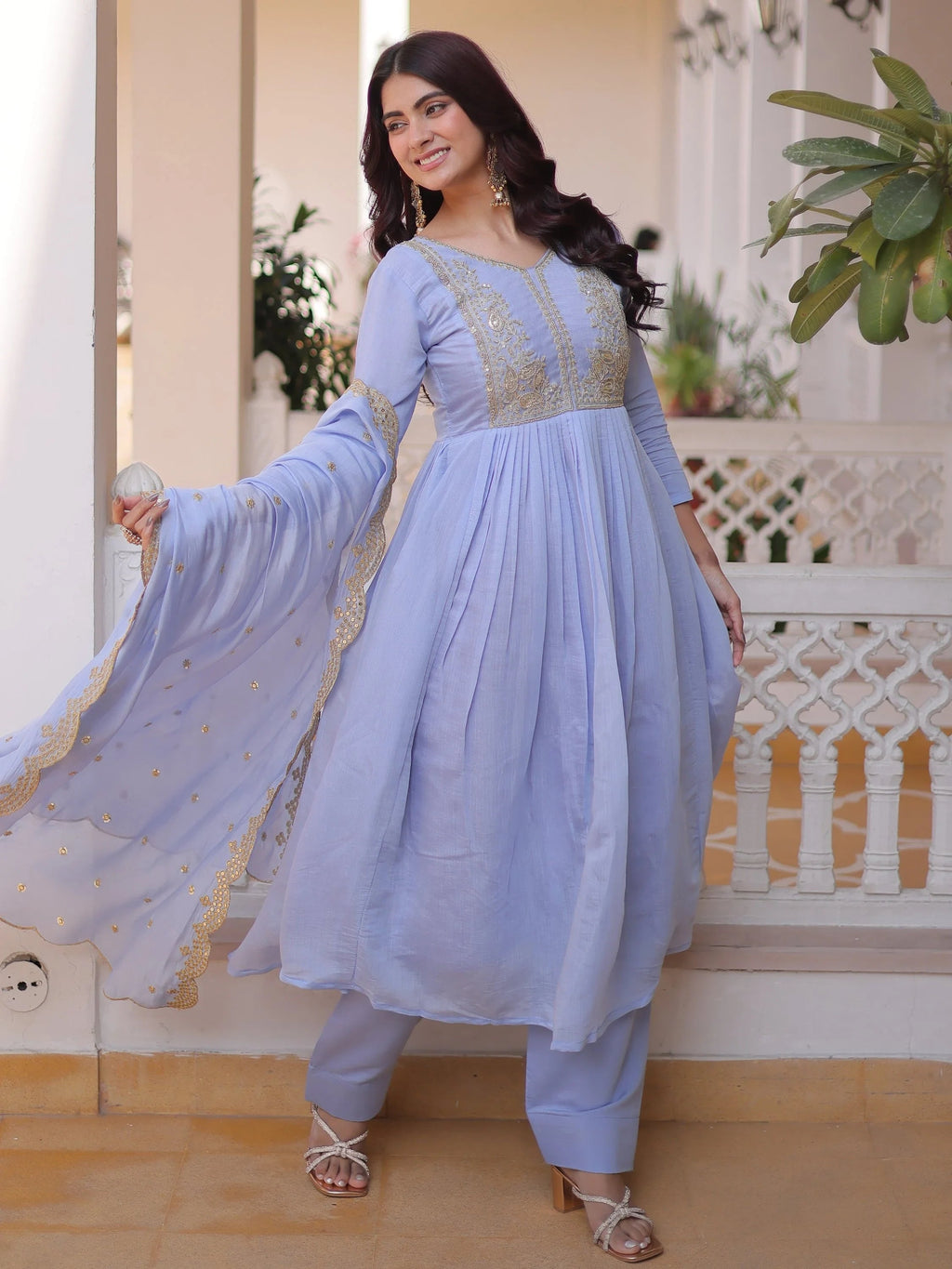 Sky Blue Awesome Bead Embroidered Chanderi Event Wear Salwar Kameez