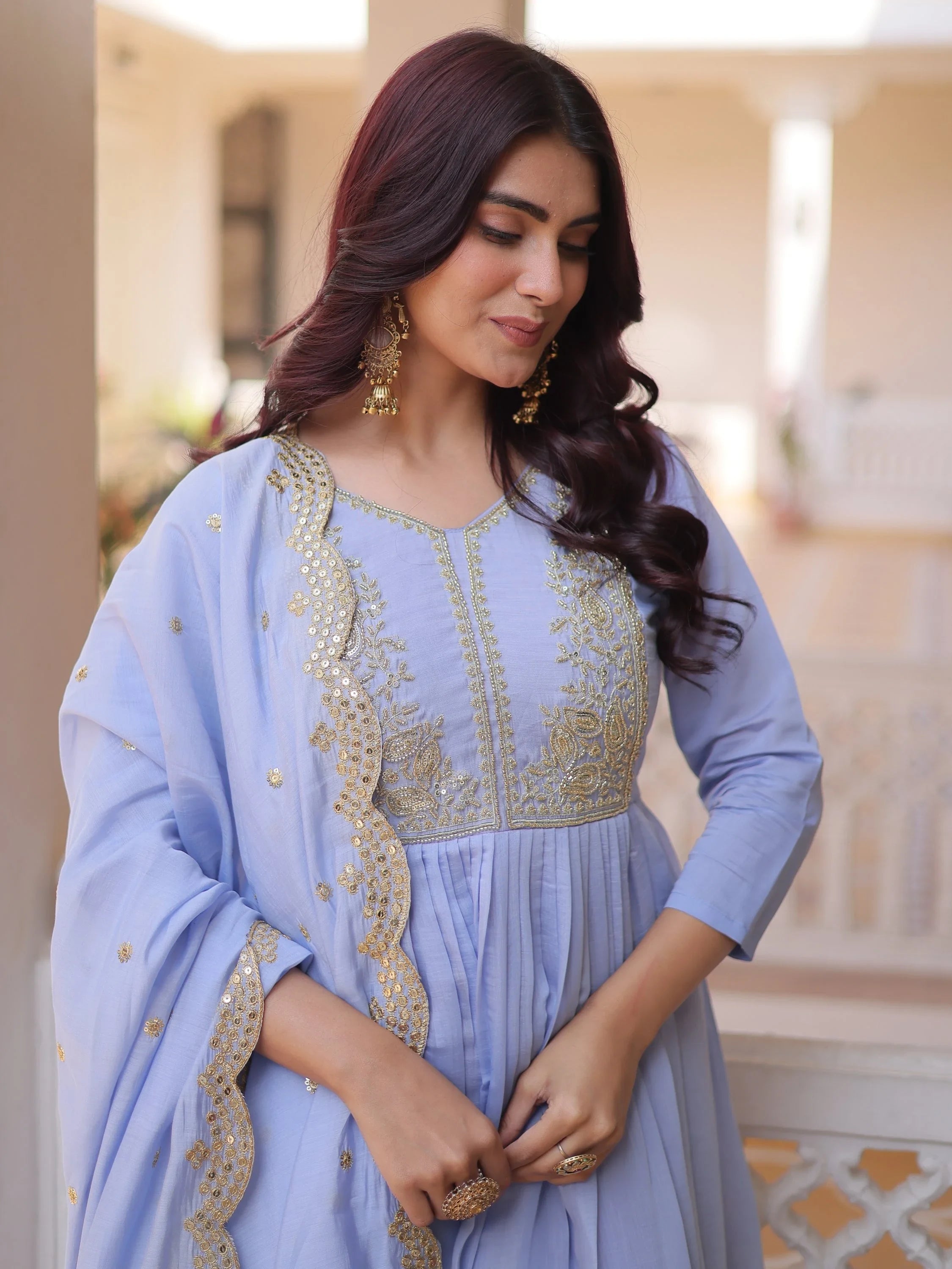 Sky Blue Awesome Bead Embroidered Chanderi Event Wear Salwar Kameez