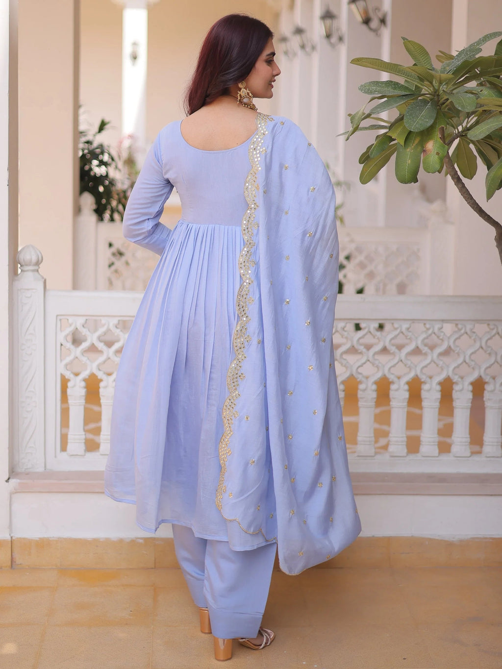 Sky Blue Awesome Bead Embroidered Chanderi Event Wear Salwar Kameez