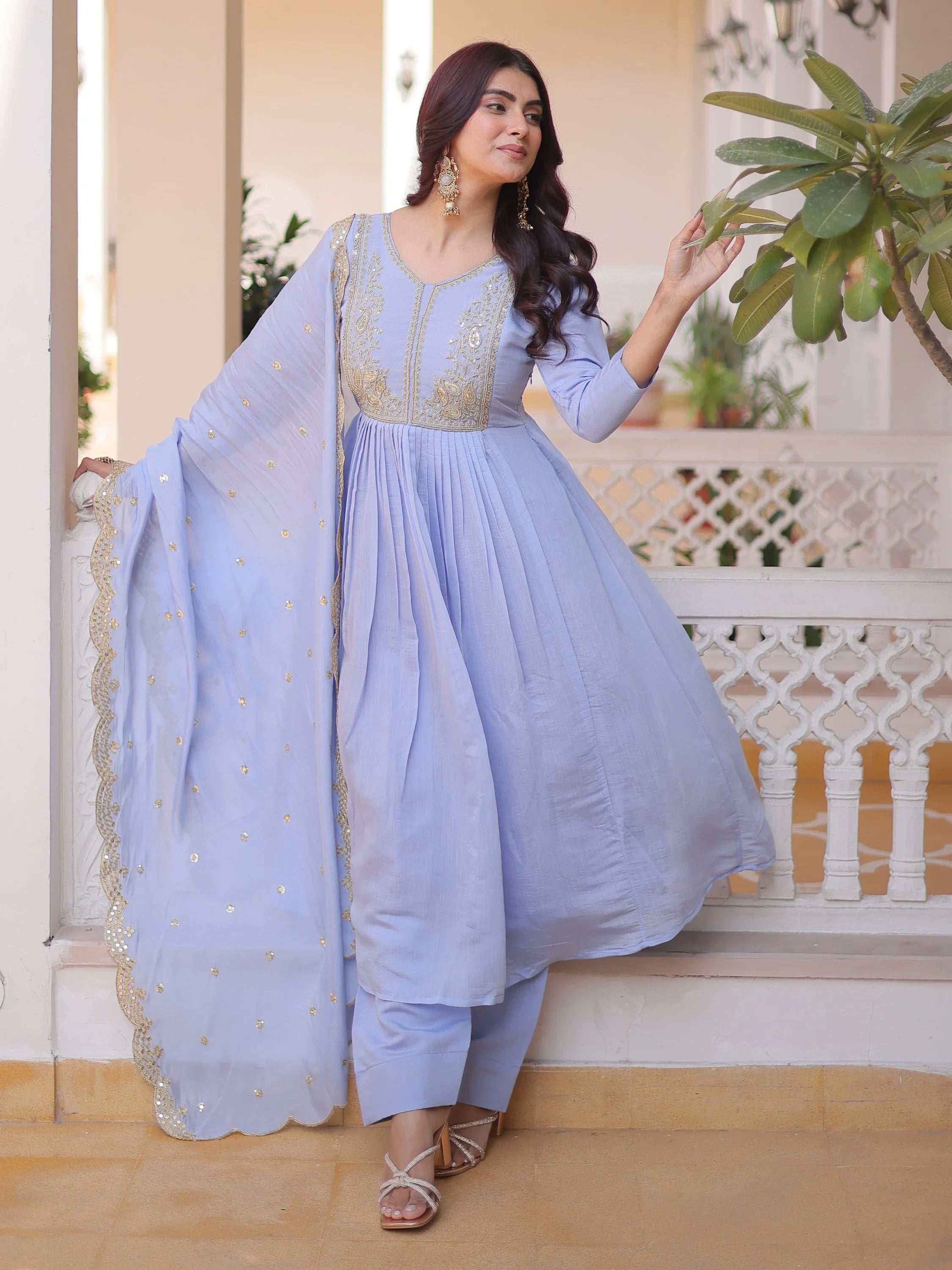Sky Blue Awesome Bead Embroidered Chanderi Event Wear Salwar Kameez
