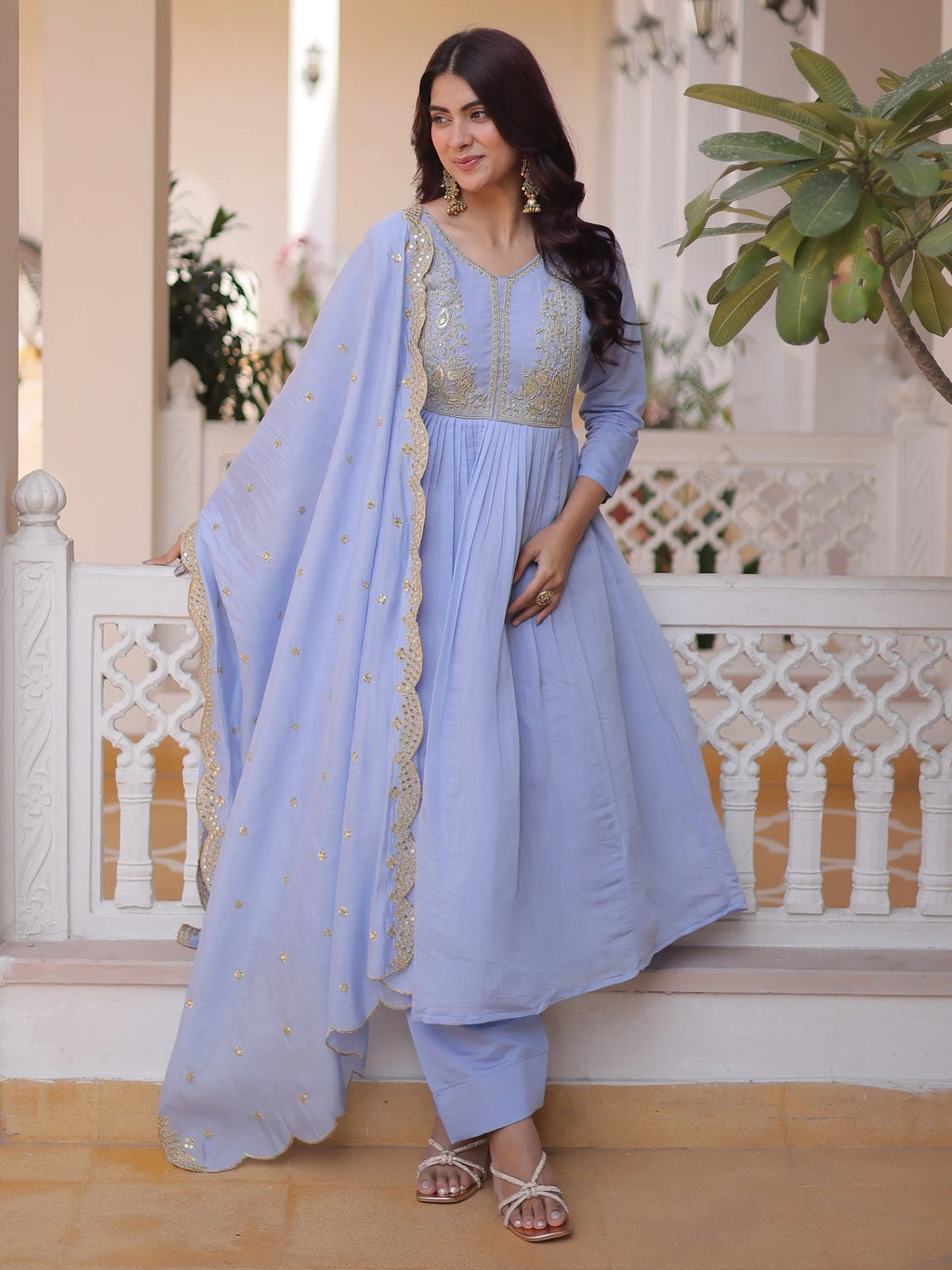 Sky Blue Awesome Bead Embroidered Chanderi Event Wear Salwar Kameez