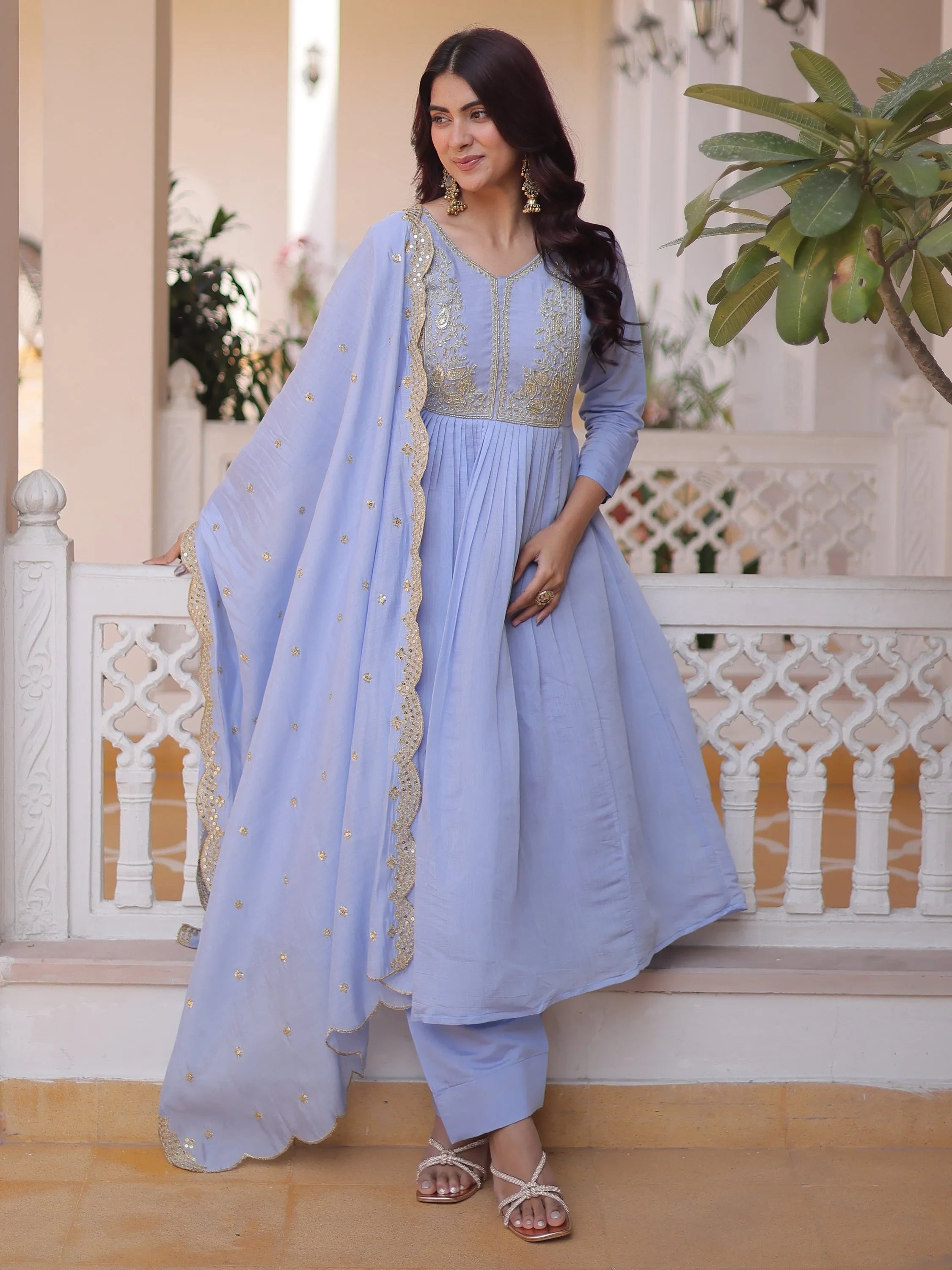 Sky Blue Awesome Bead Embroidered Chanderi Event Wear Salwar Kameez