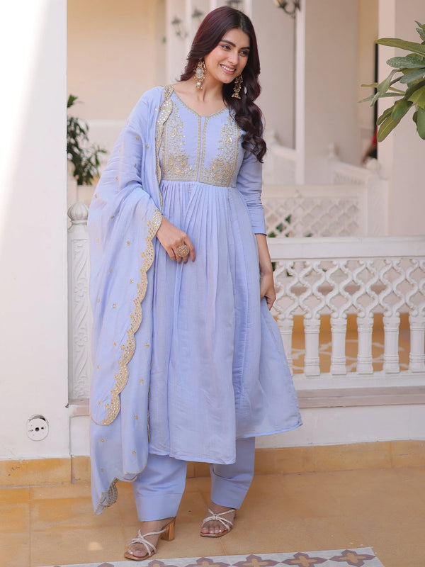 Sky Blue Awesome Bead Embroidered Chanderi Event Wear Salwar Kameez