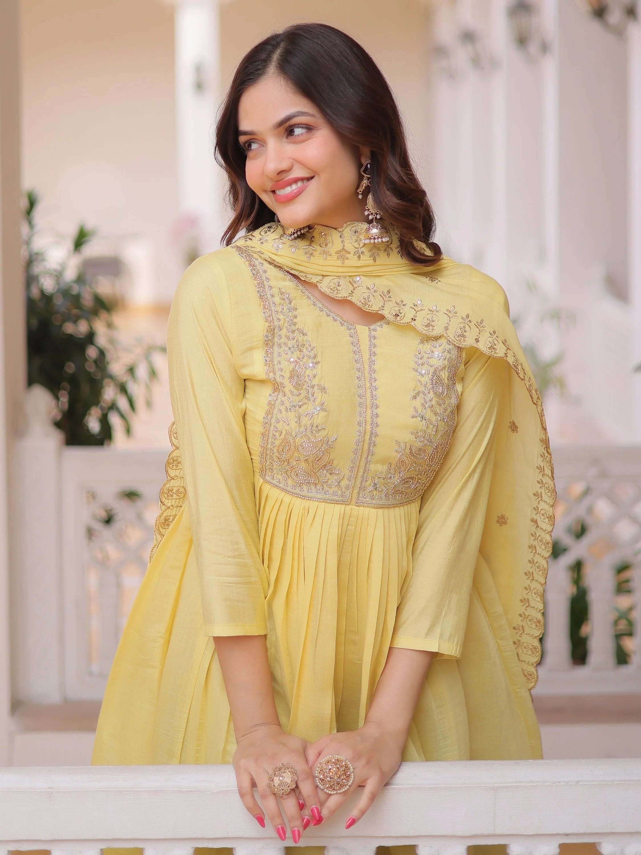 Yellow Awesome Bead Embroidered Chanderi Event Wear Salwar Kameez