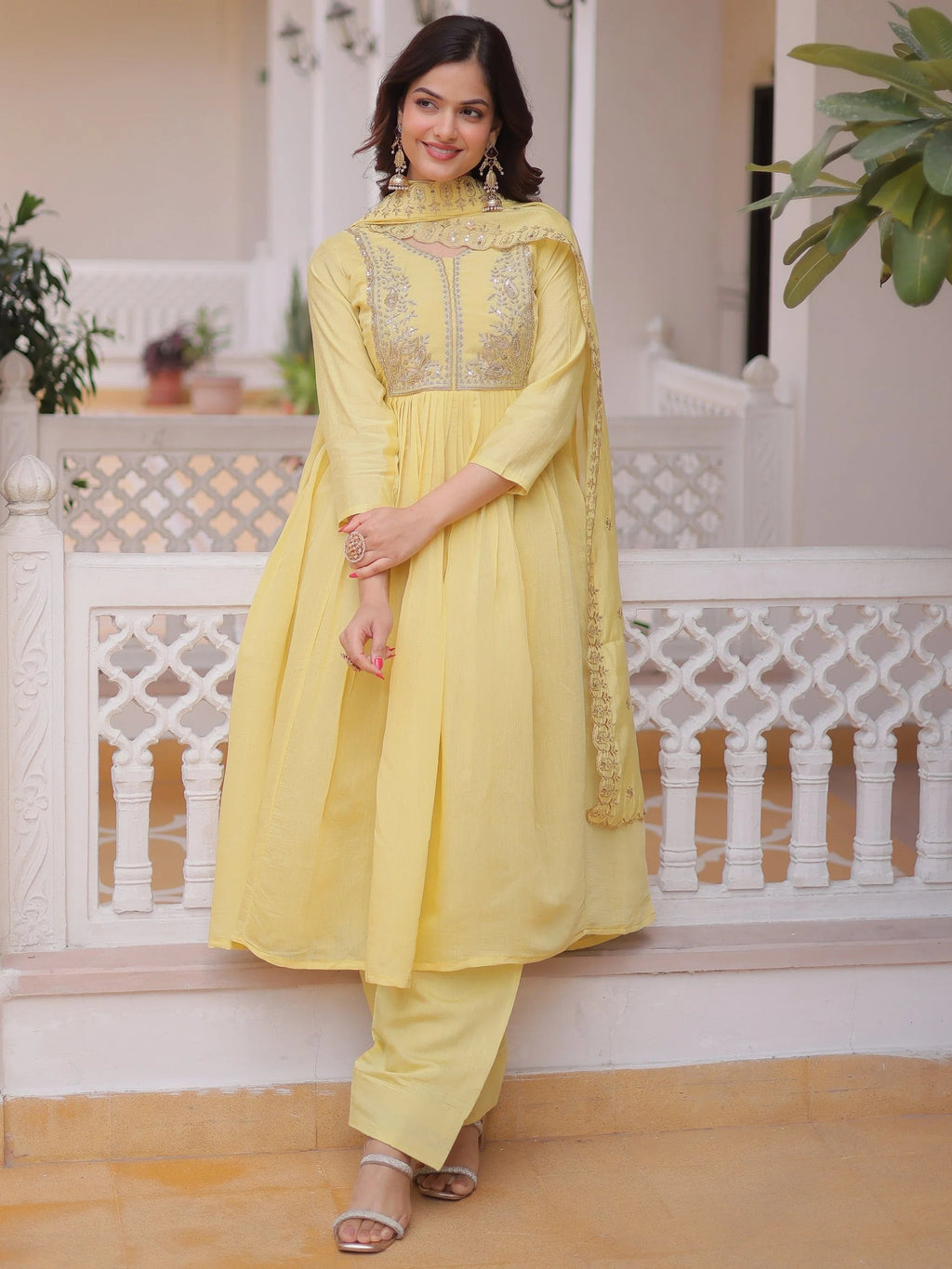 Yellow Awesome Bead Embroidered Chanderi Event Wear Salwar Kameez