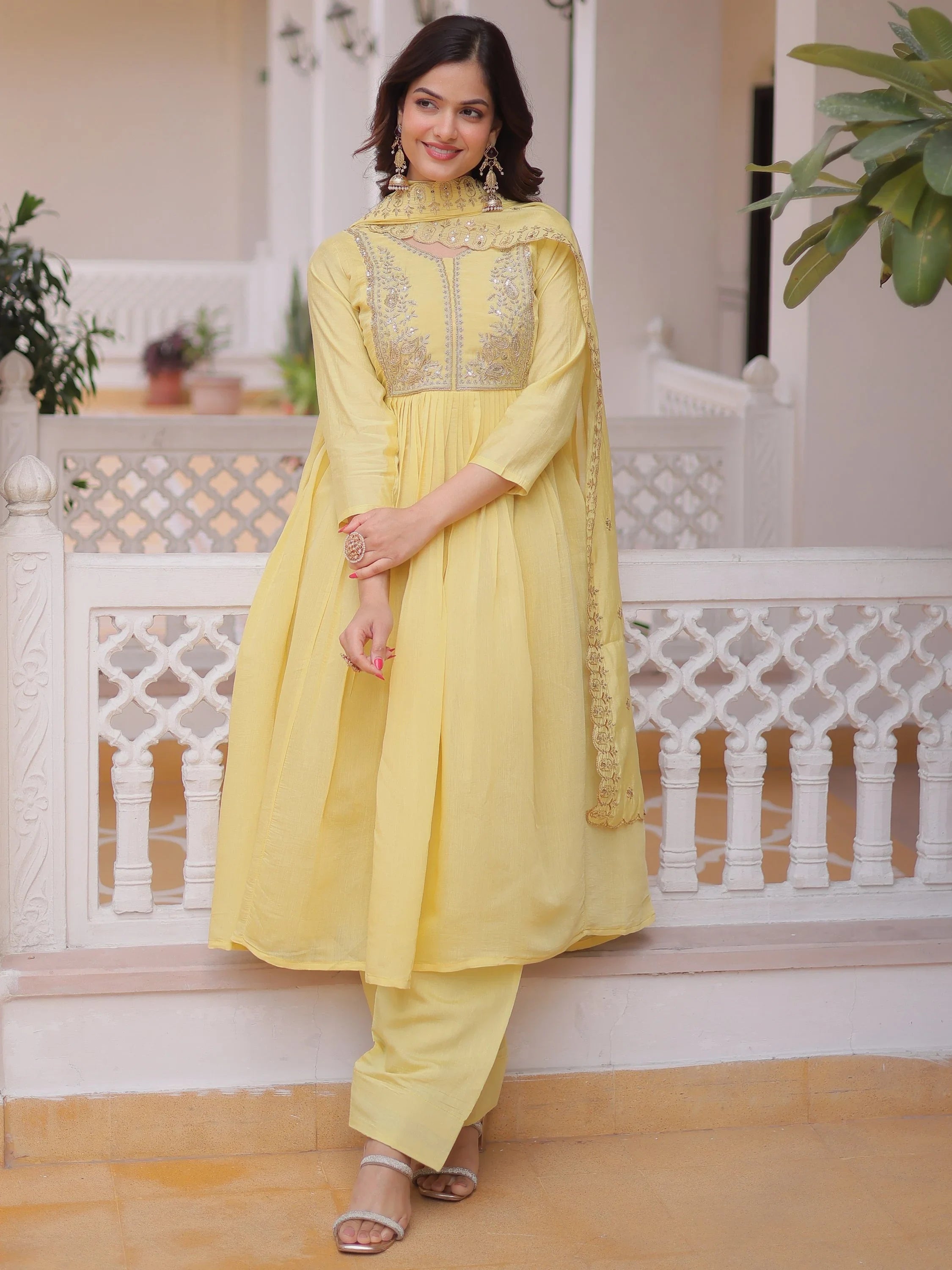 Yellow Awesome Bead Embroidered Chanderi Event Wear Salwar Kameez