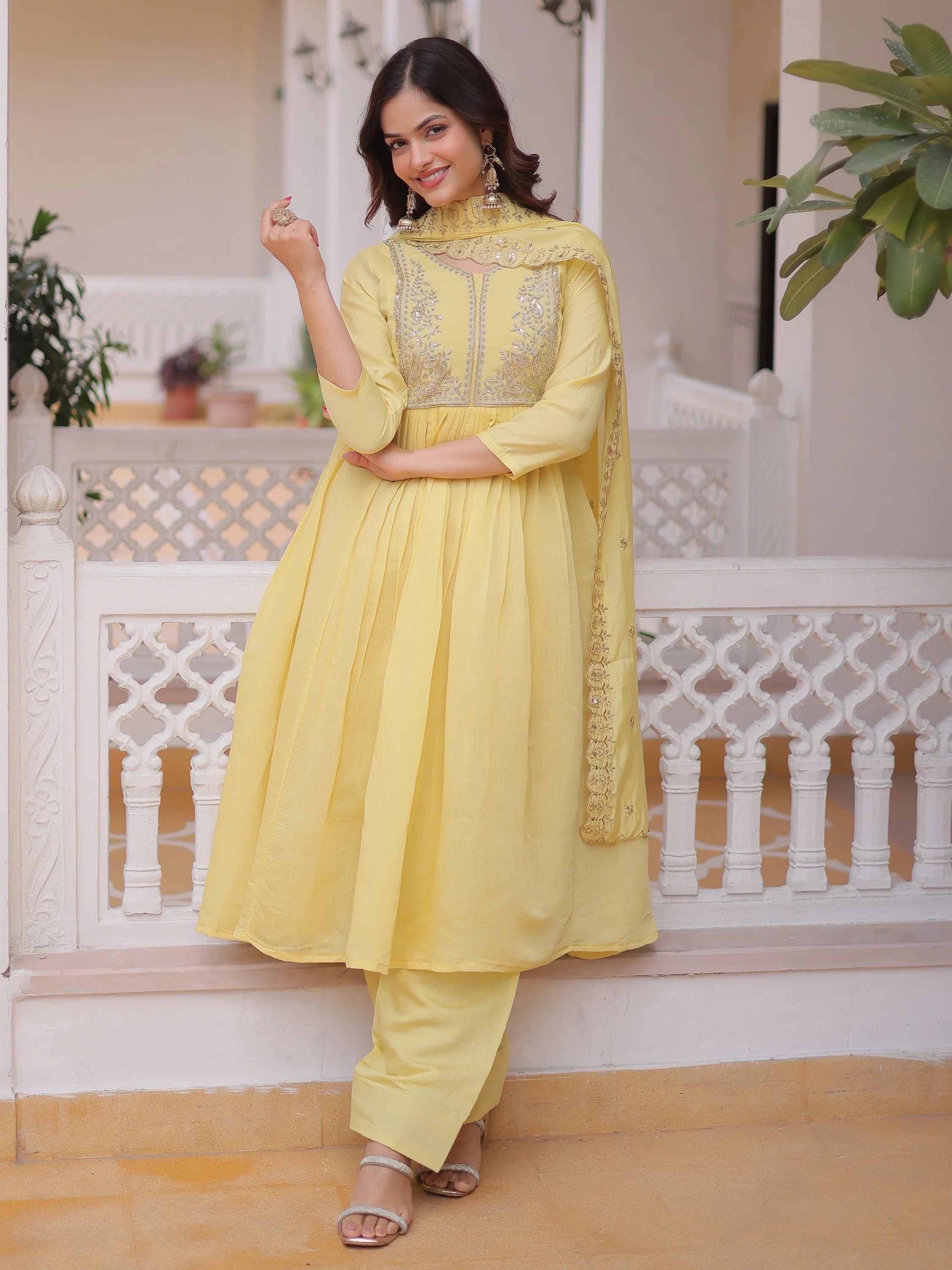 Yellow Awesome Bead Embroidered Chanderi Event Wear Salwar Kameez
