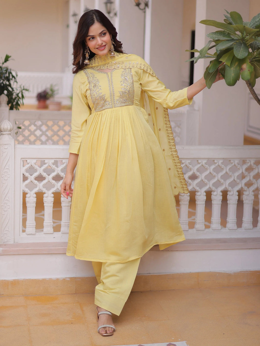 Yellow Awesome Bead Embroidered Chanderi Event Wear Salwar Kameez