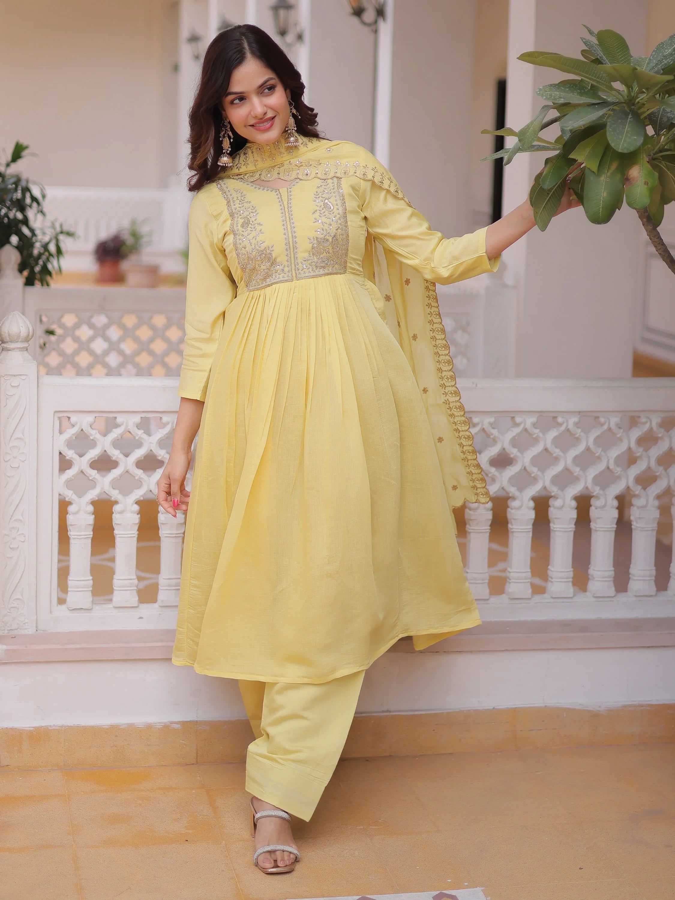 Yellow Awesome Bead Embroidered Chanderi Event Wear Salwar Kameez