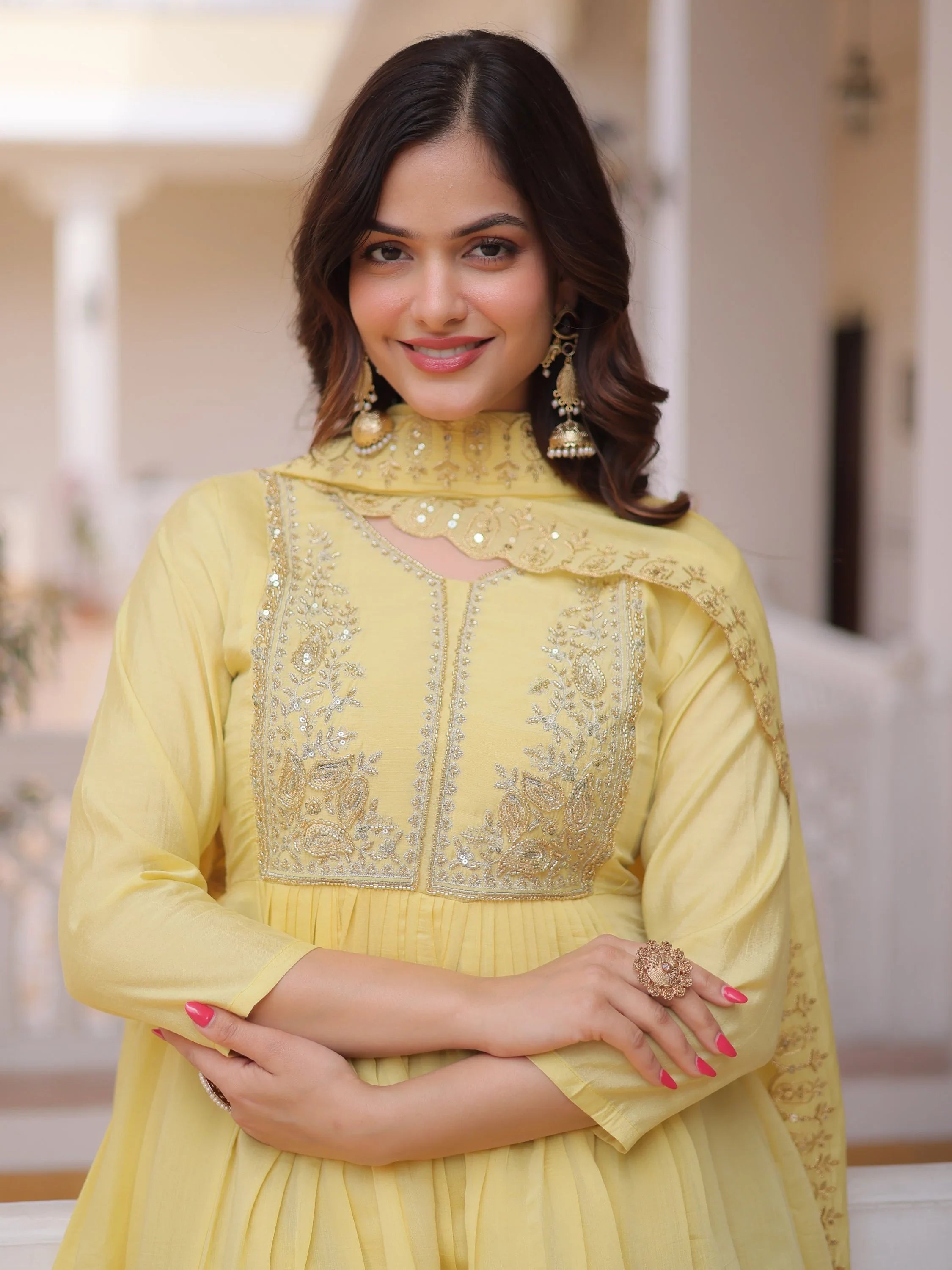 Yellow Awesome Bead Embroidered Chanderi Event Wear Salwar Kameez