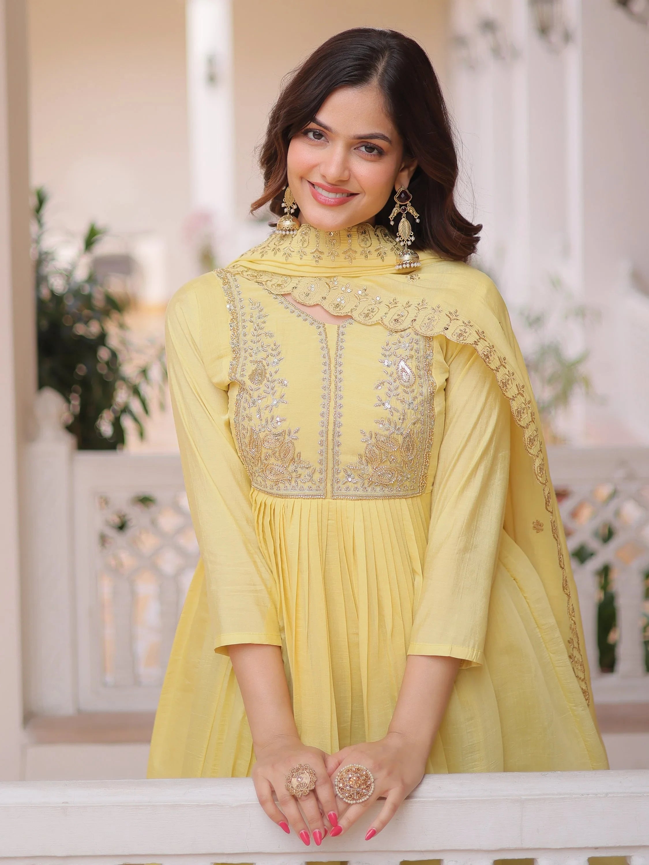 Yellow Awesome Bead Embroidered Chanderi Event Wear Salwar Kameez