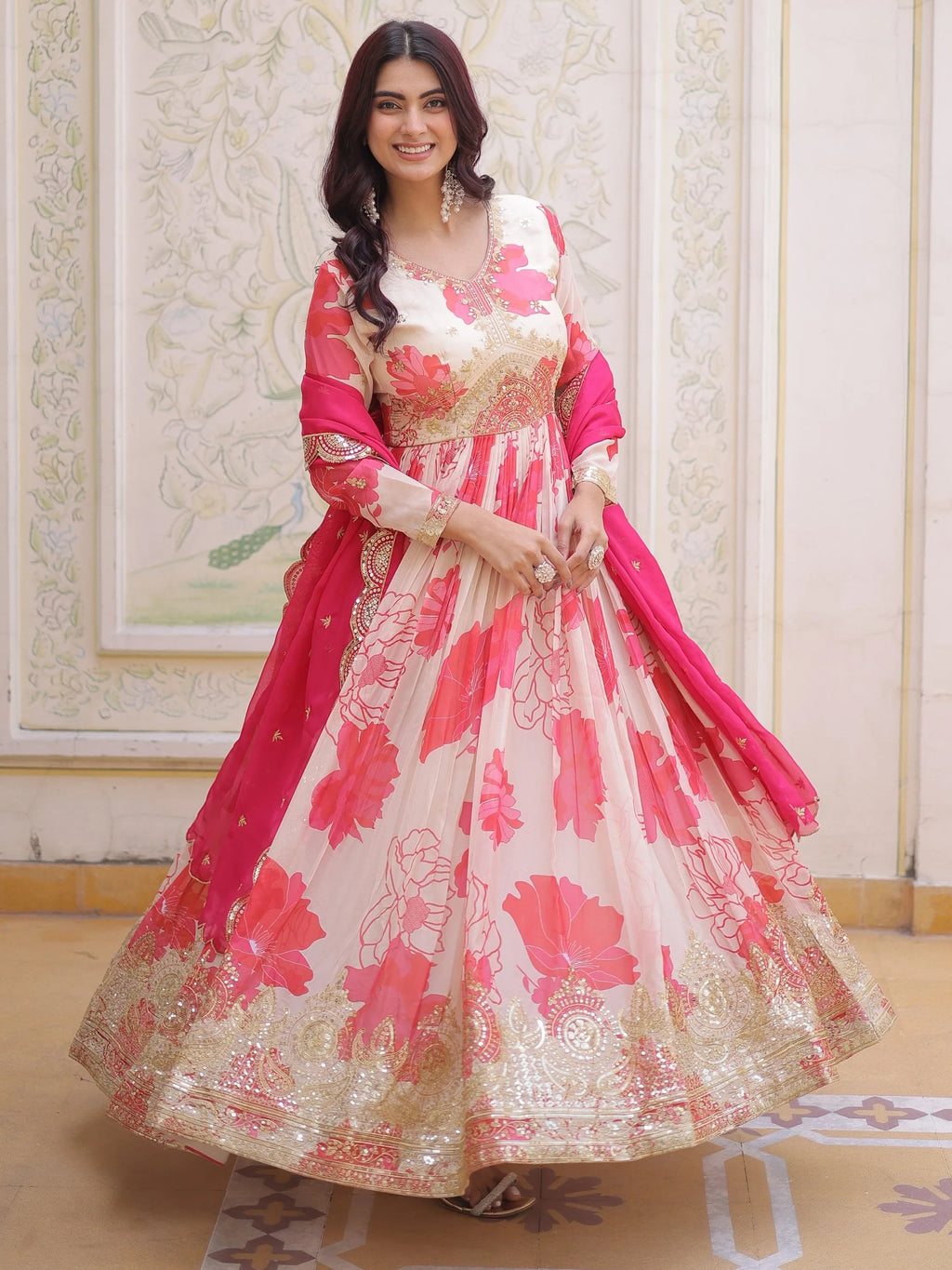Beautiful Cream Floral Printed Silk Engagement Wear Anarkali Gown