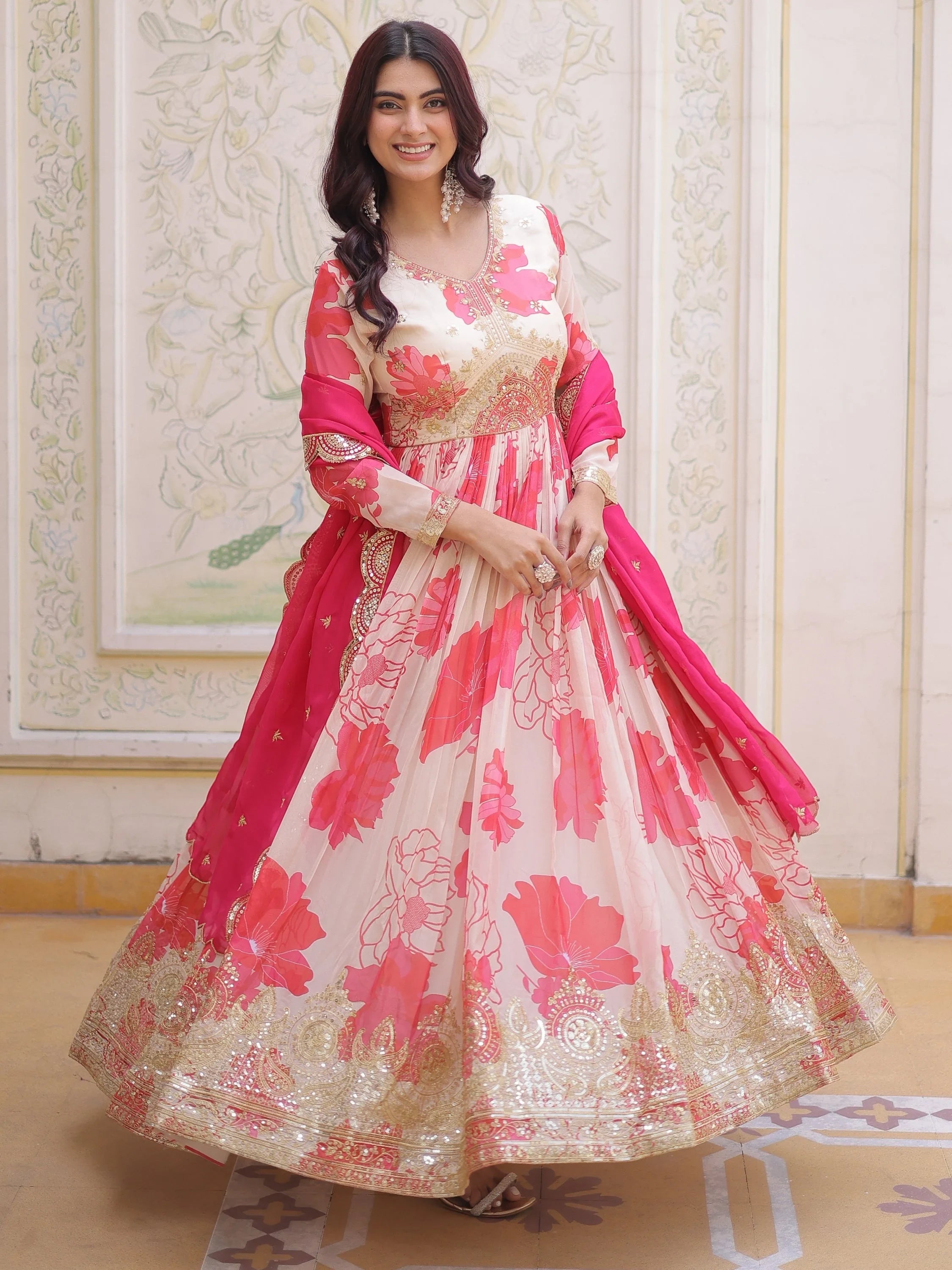 Beautiful Cream Floral Printed Silk Engagement Wear Anarkali Gown