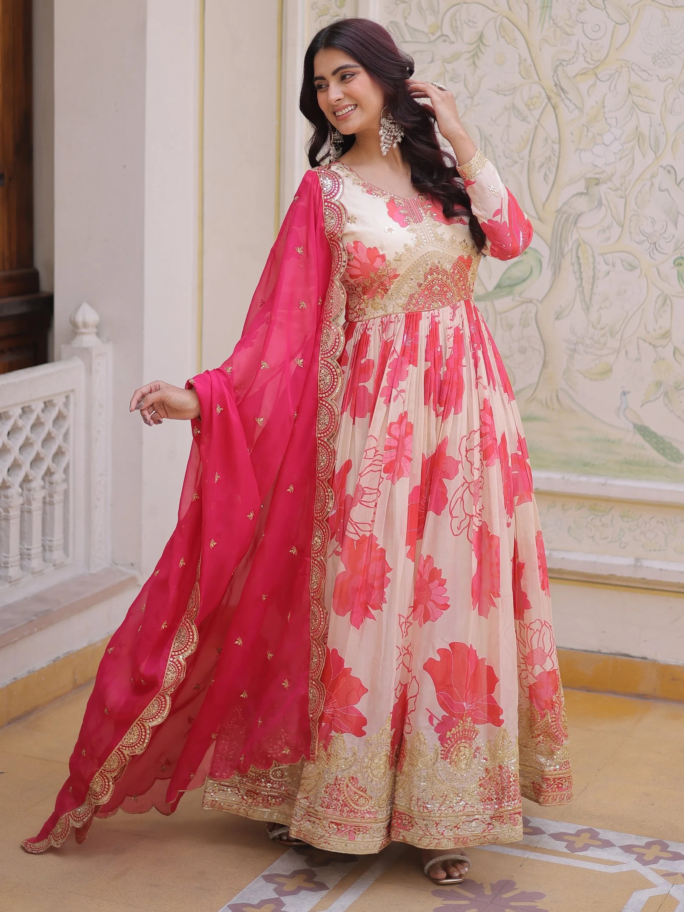 Beautiful Cream Floral Printed Silk Engagement Wear Anarkali Gown