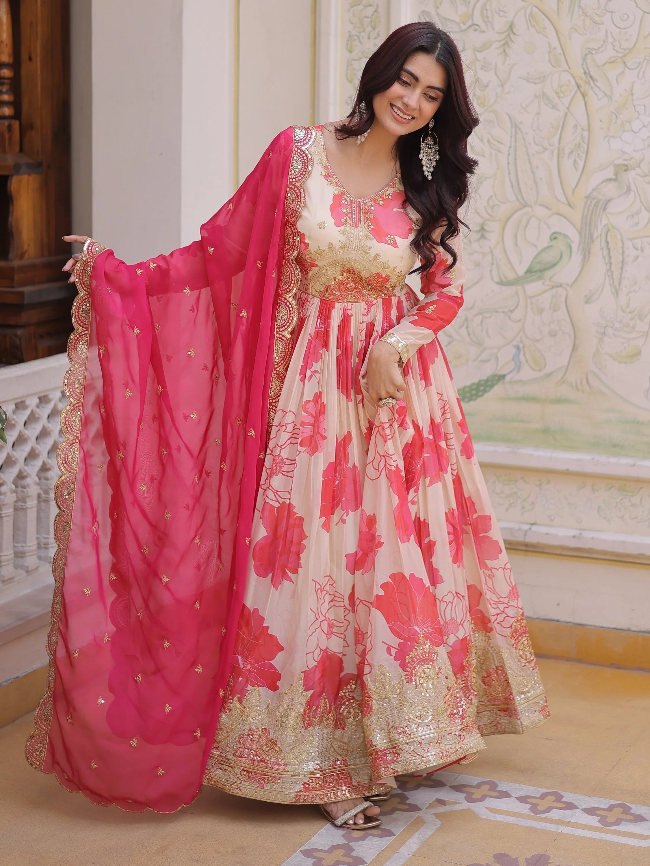 Beautiful Cream Floral Printed Silk Engagement Wear Anarkali Gown