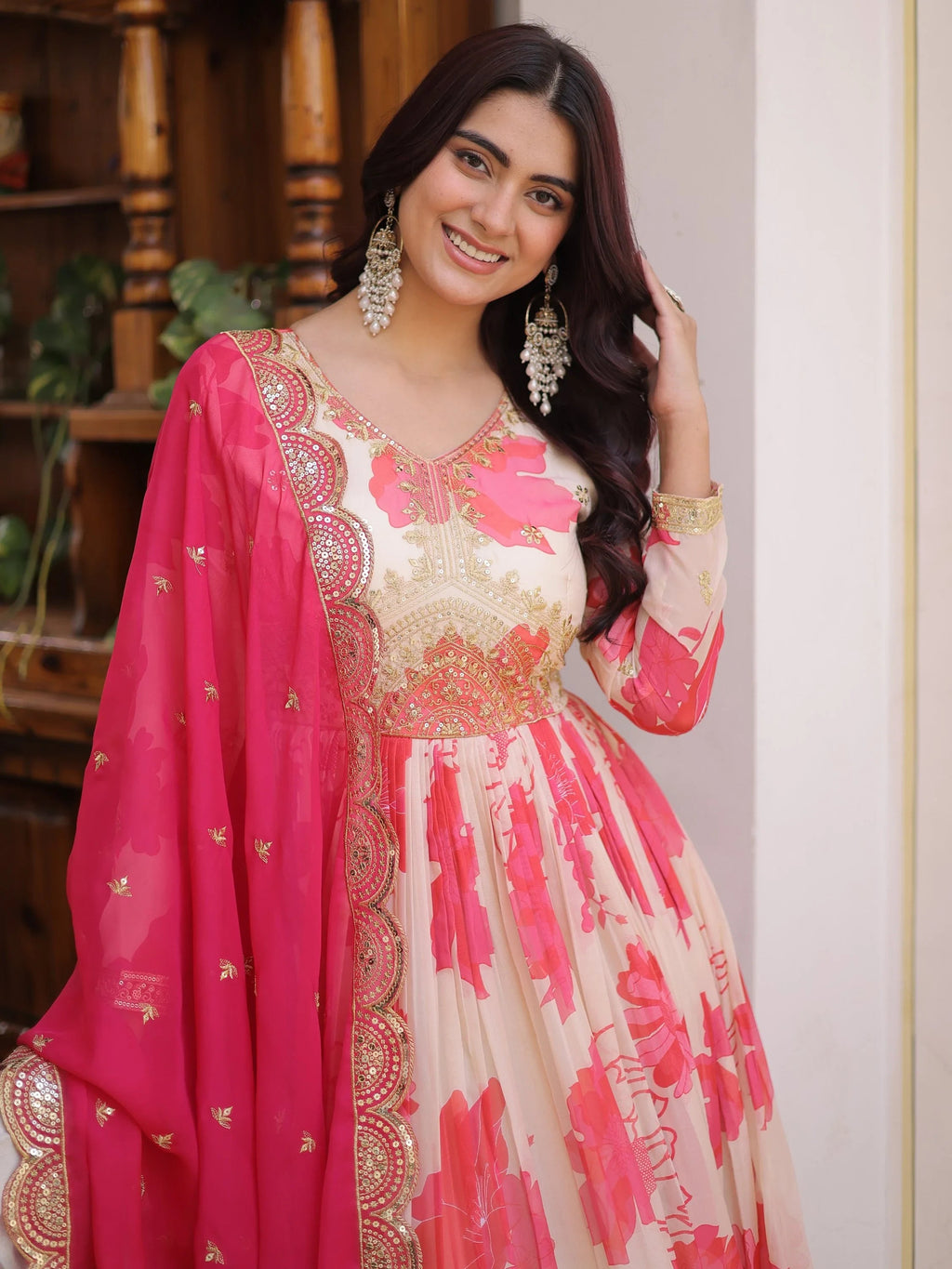 Beautiful Cream Floral Printed Silk Engagement Wear Anarkali Gown