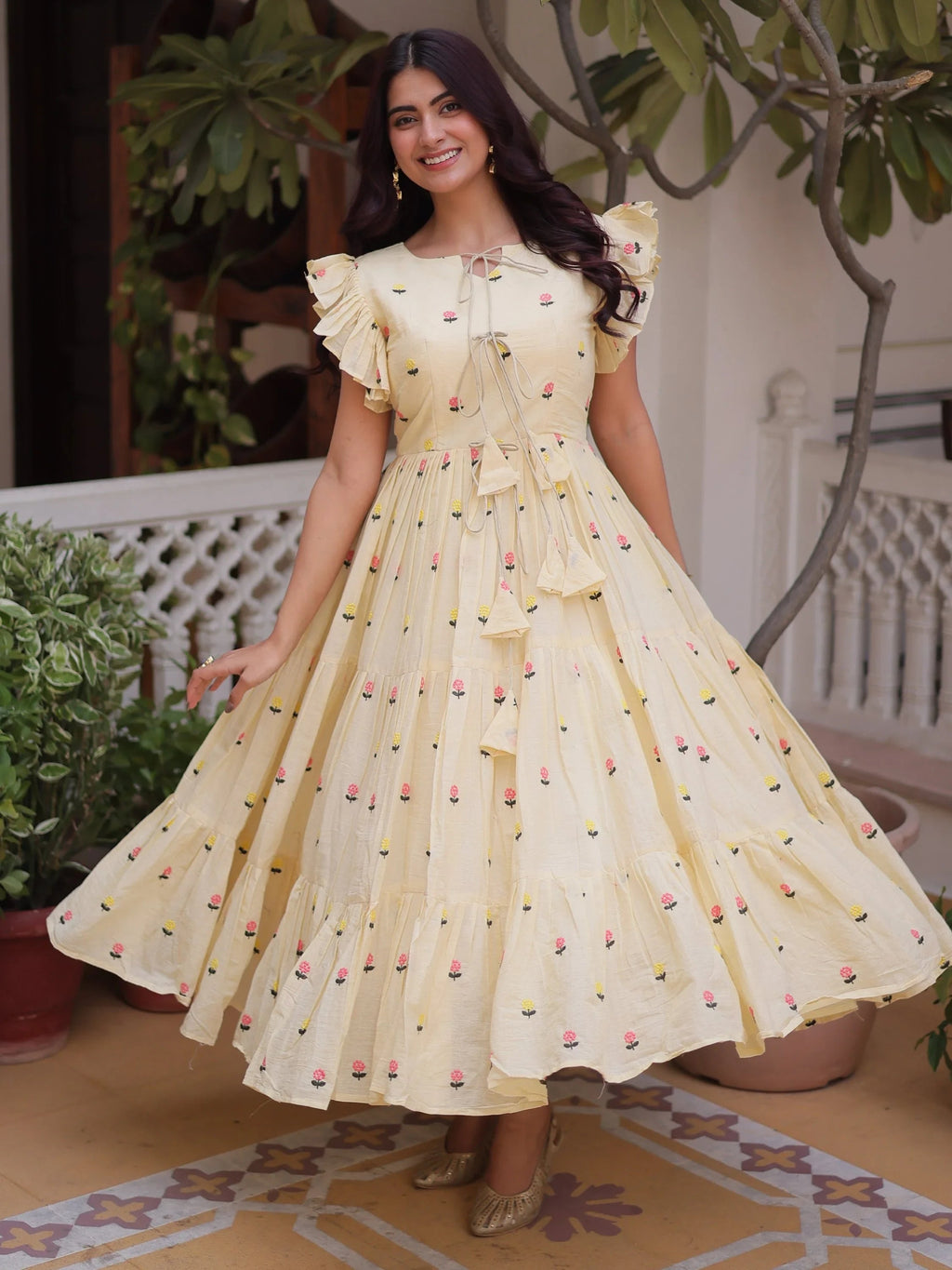 Cream Incredible Embroidered Cotton Daily Wear Dress