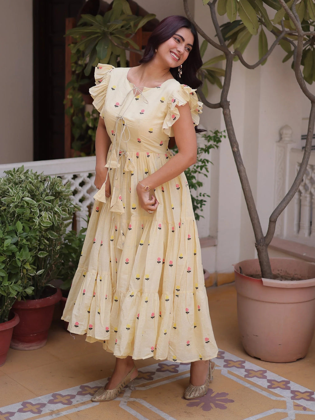 Cream Incredible Embroidered Cotton Daily Wear Dress