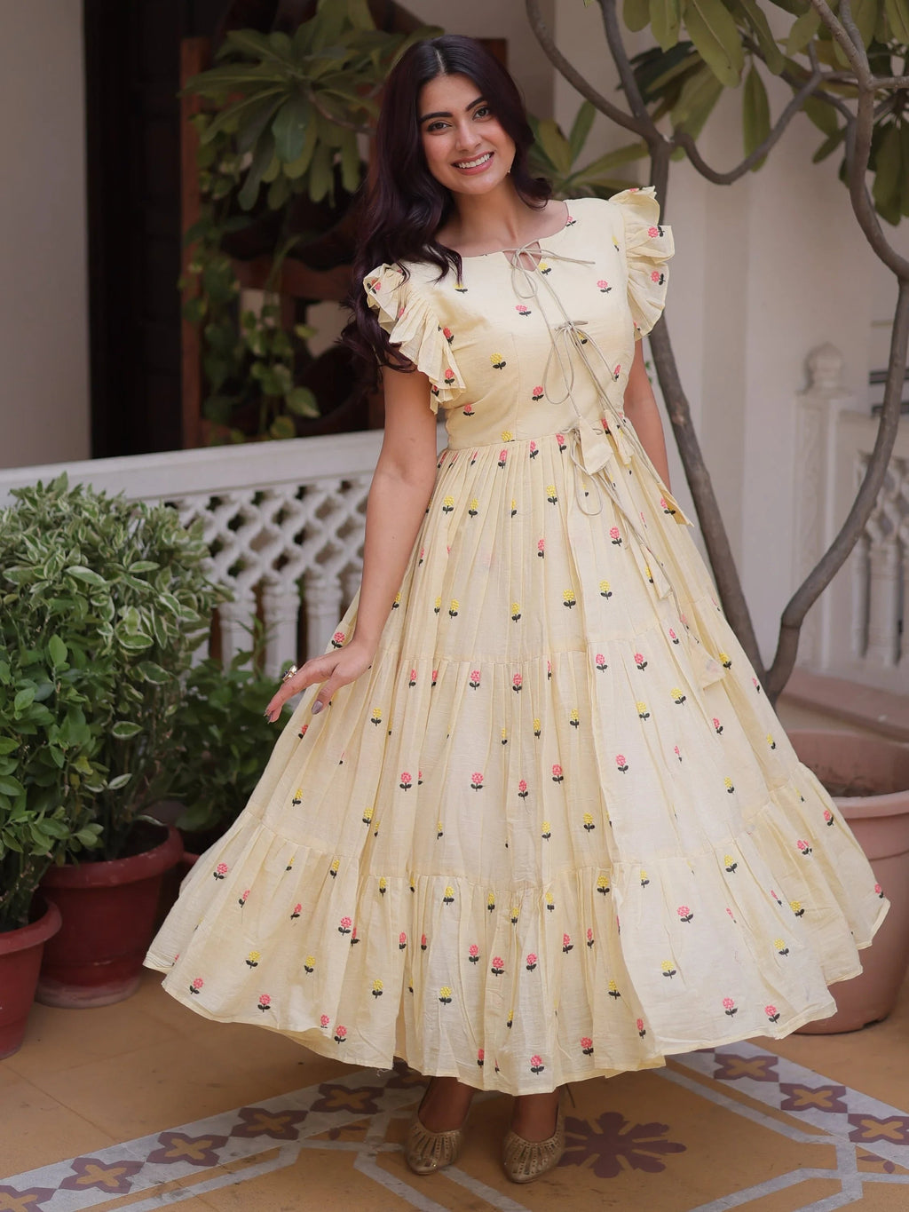 Cream Incredible Embroidered Cotton Daily Wear Dress