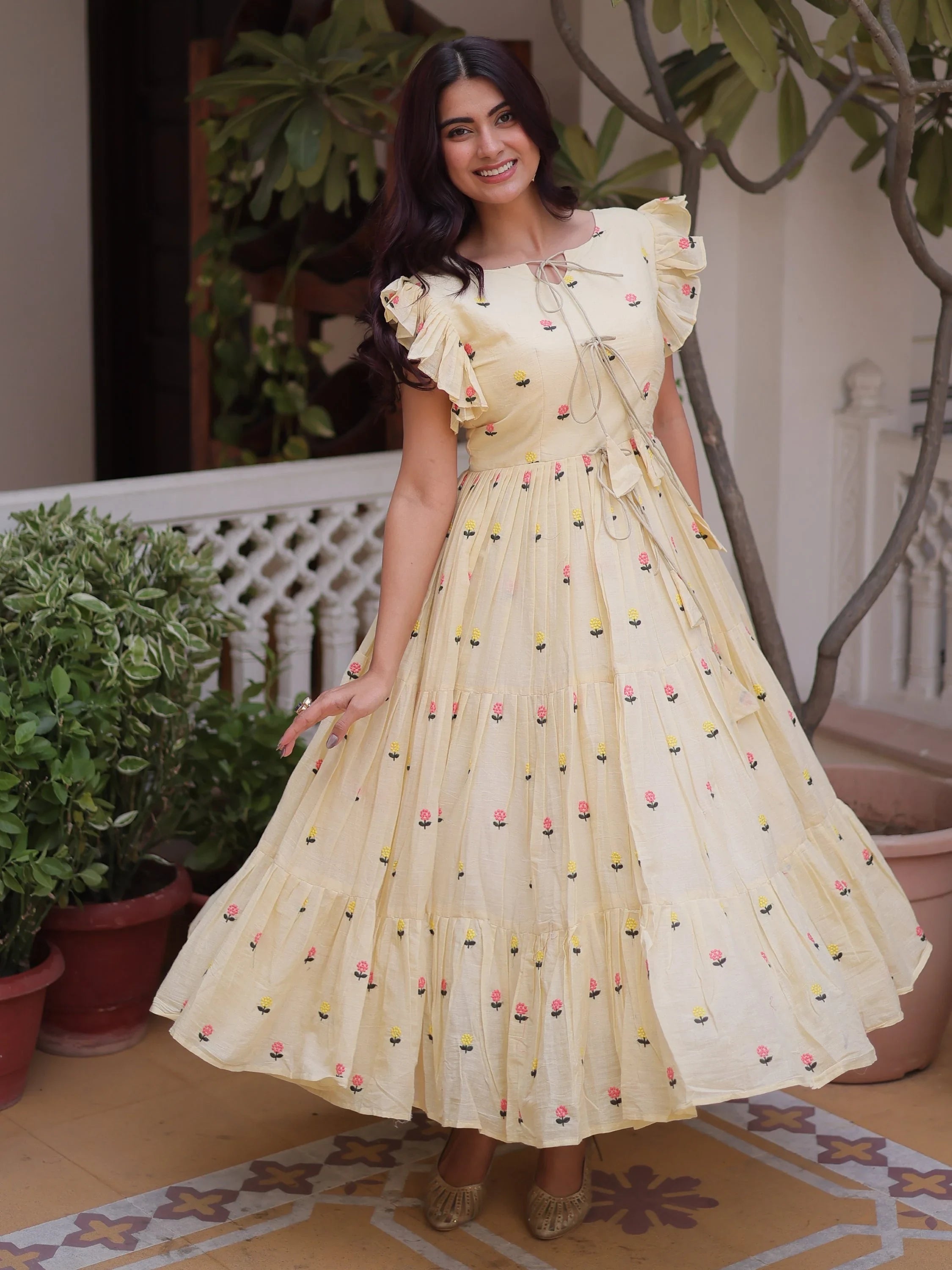 Cream Incredible Embroidered Cotton Daily Wear Dress