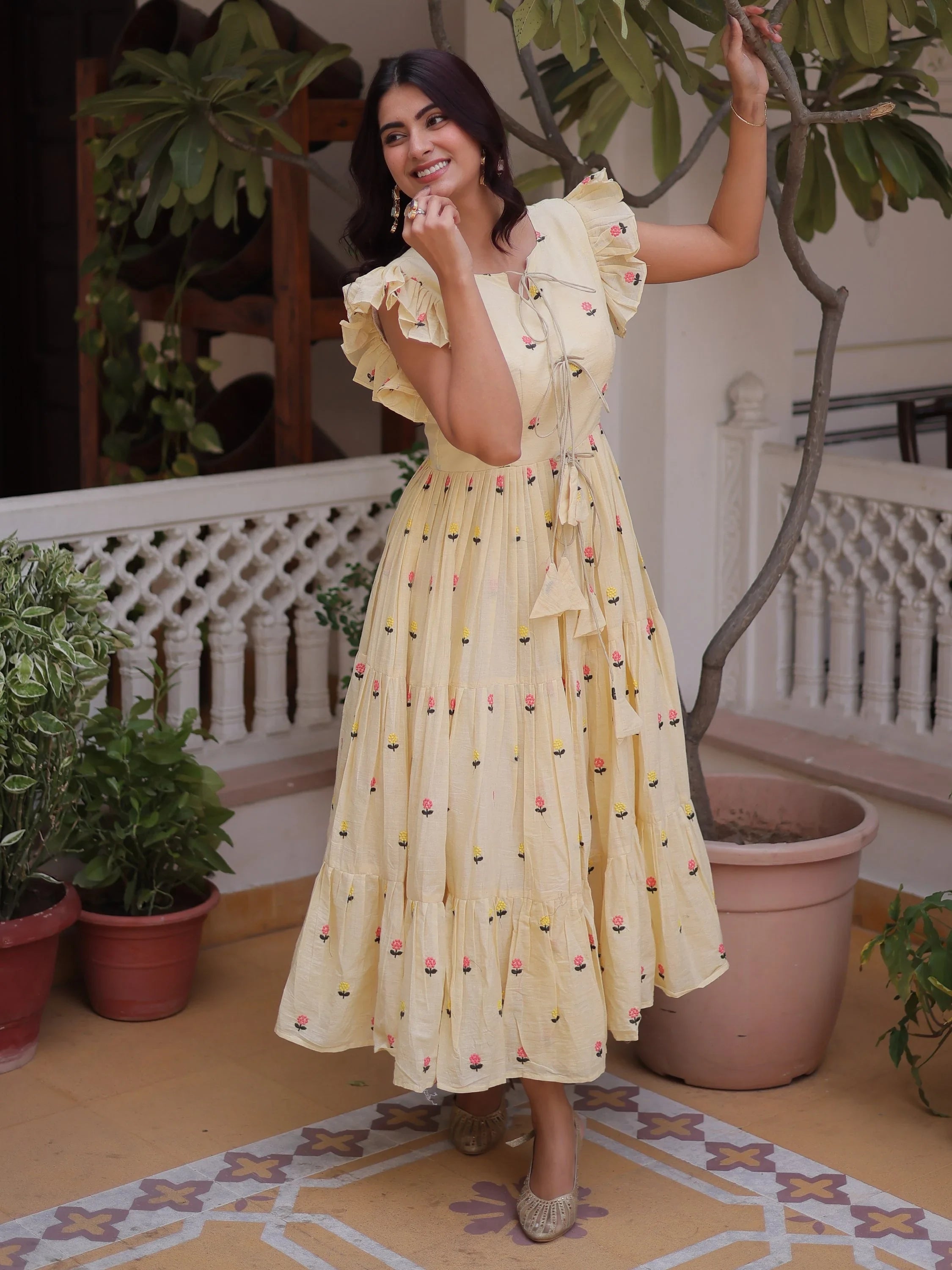 Cream Incredible Embroidered Cotton Daily Wear Dress