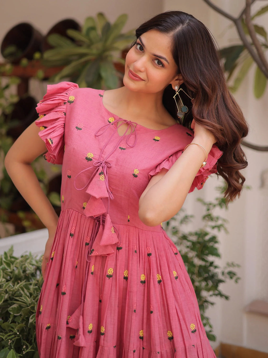 Pink Incredible Embroidered Cotton Daily Wear Dress