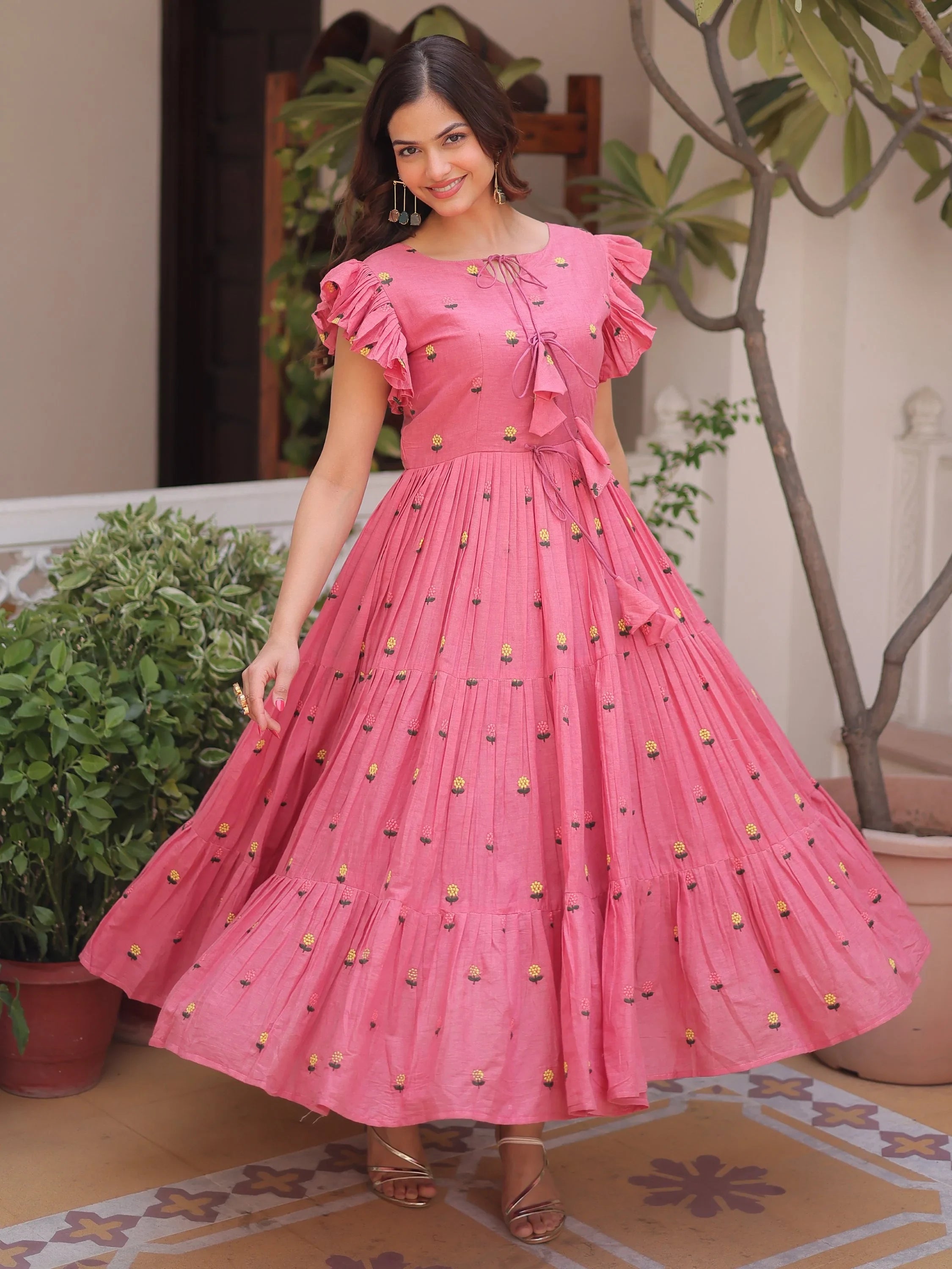 Pink Incredible Embroidered Cotton Daily Wear Dress