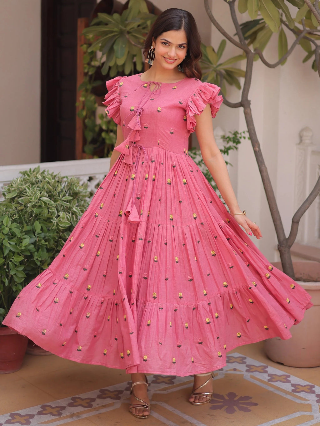 Pink Incredible Embroidered Cotton Daily Wear Dress