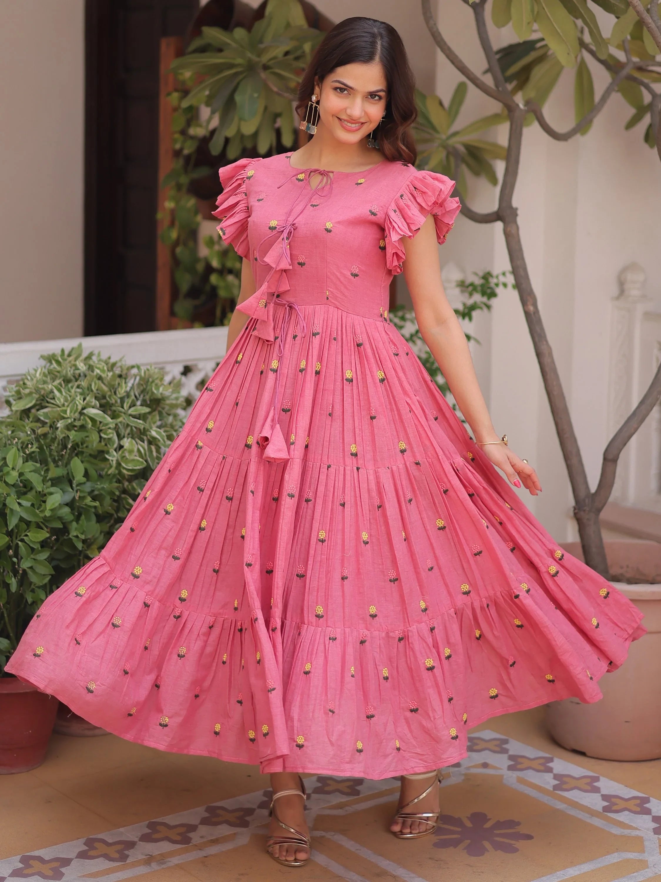 Pink Incredible Embroidered Cotton Daily Wear Dress