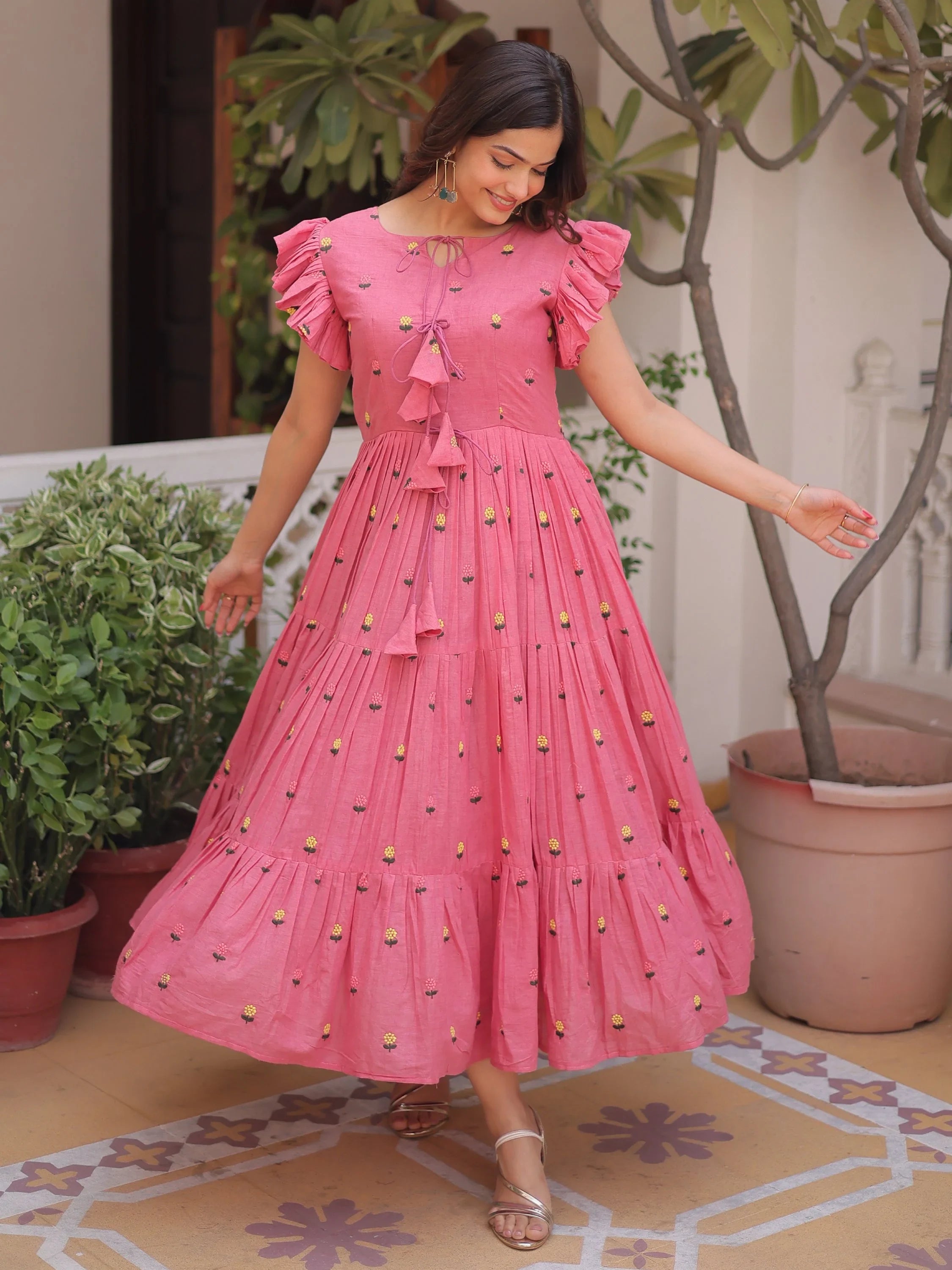 Pink Incredible Embroidered Cotton Daily Wear Dress