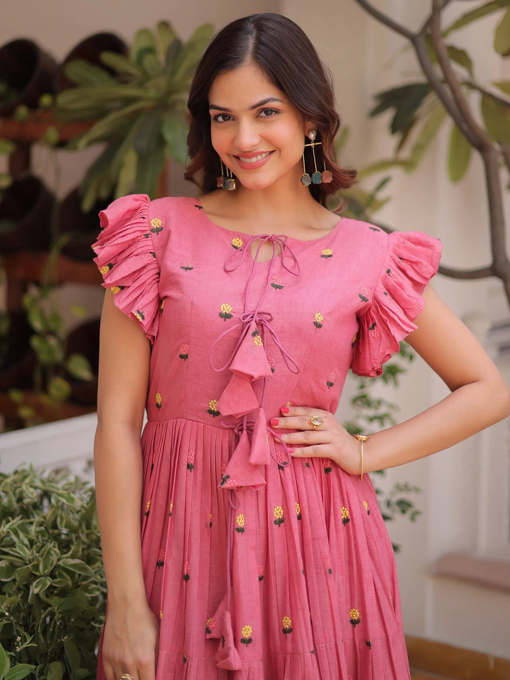 Pink Incredible Embroidered Cotton Daily Wear Dress