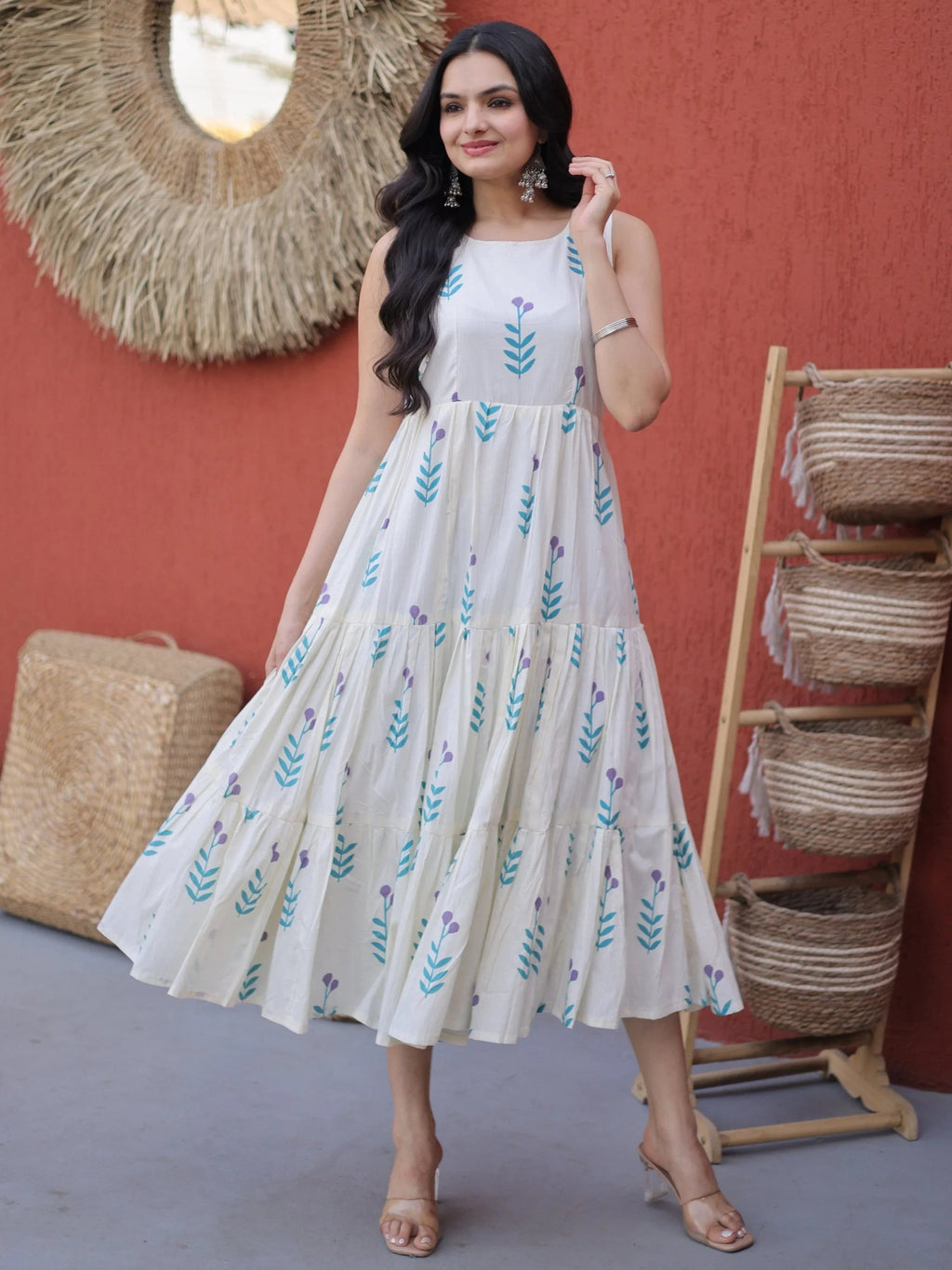 Fabulous Sky Blue Printed Cotton Daily Wear Dress
