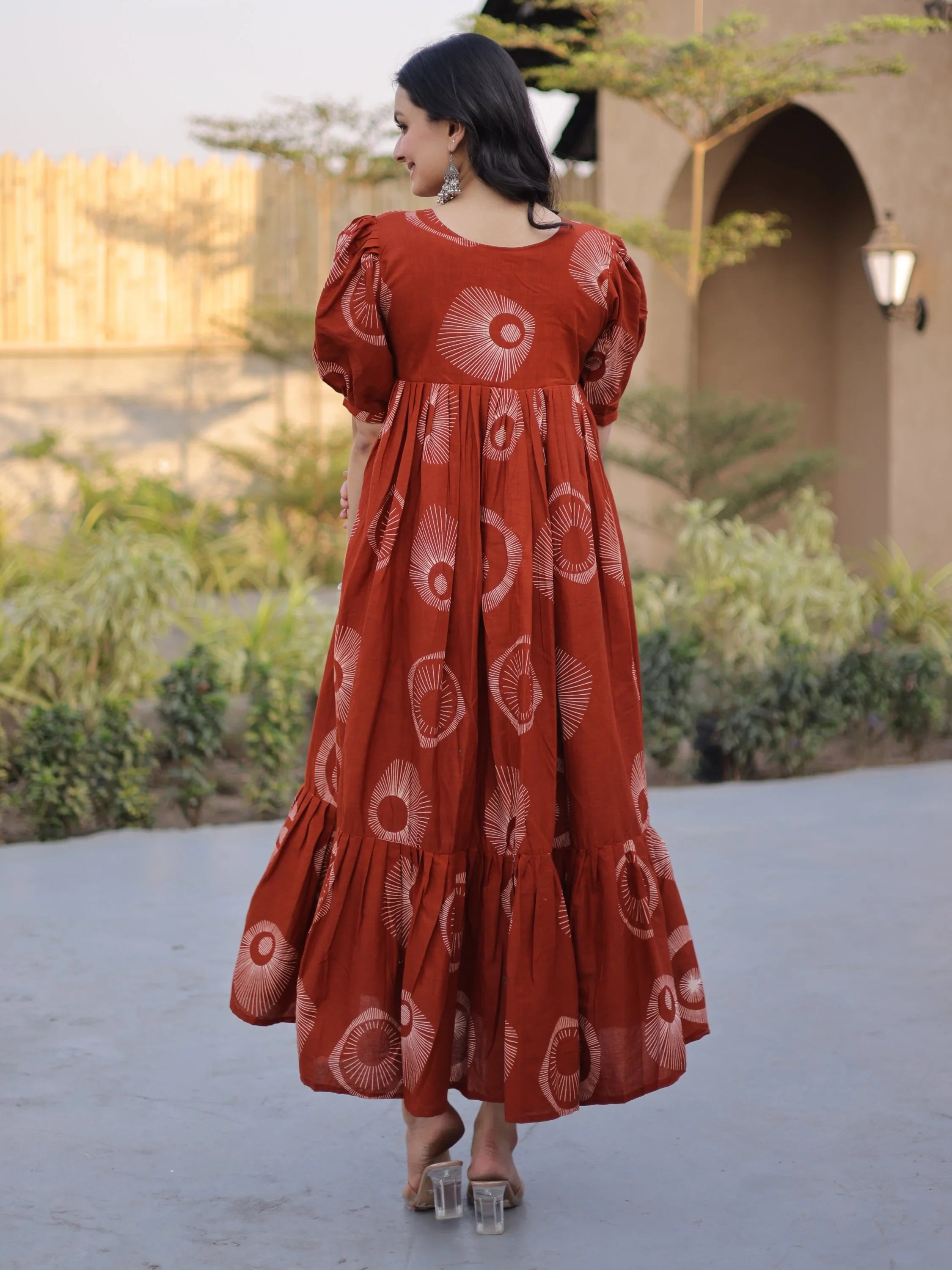 Rust Glorious Printed Cotton Office Wear Dress